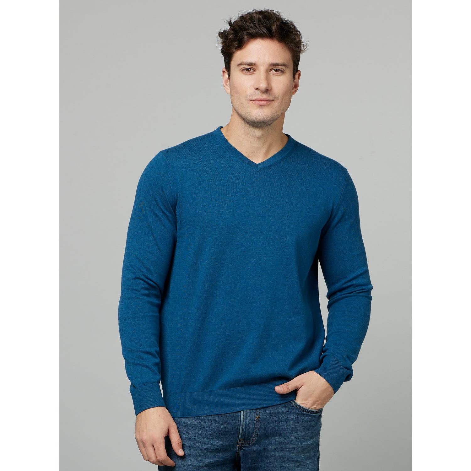 Blue Solid V-Neck Long Sleeve Cotton Pullover Sweater (DECOTONVIN)