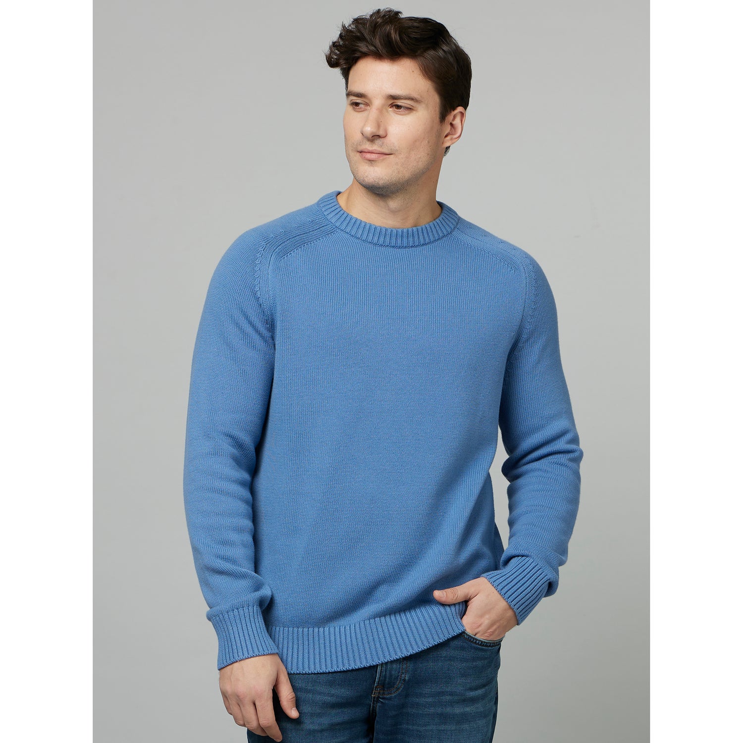Blue Round Neck Long Sleeve Cotton Pullover Sweater (FEBASICIN)