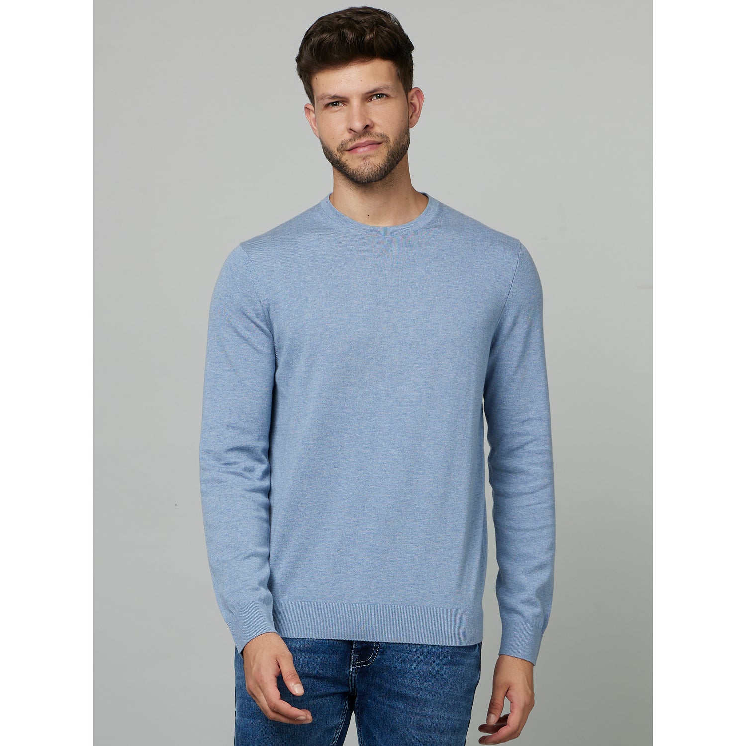 Blue Solid Long Sleeve Cotton Pullover Sweater (DECOTONIN)