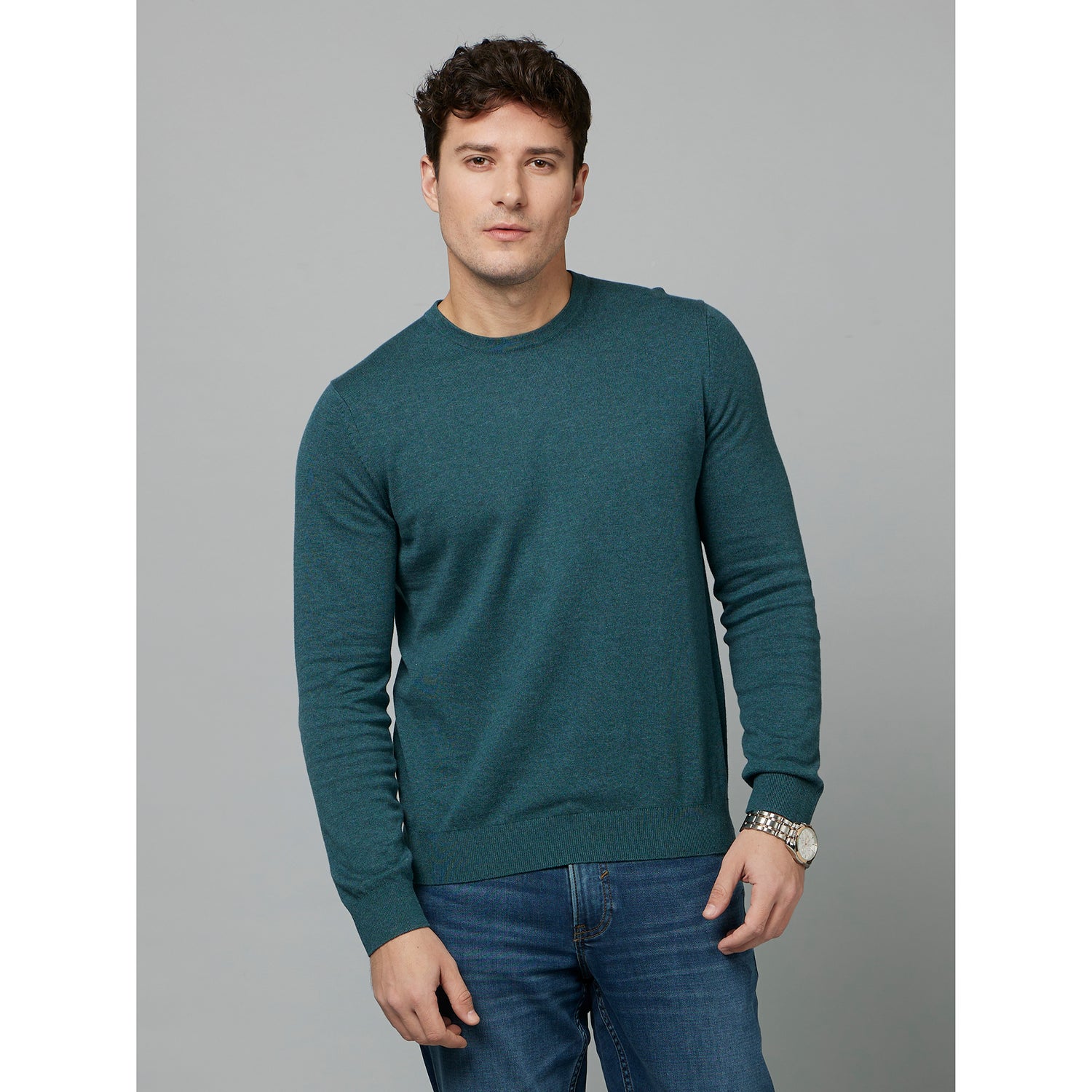Green Solid Long Sleeve Cotton Pullover Sweater (DECOTONIN)