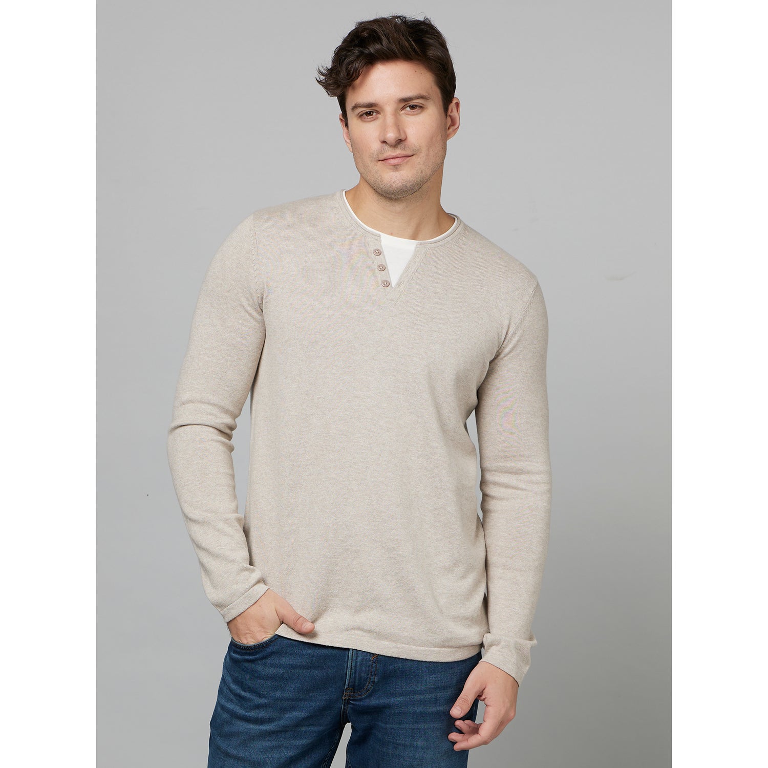 Beige Henley Neck Long Sleeves Cotton T-Shirt (FELANOIN)