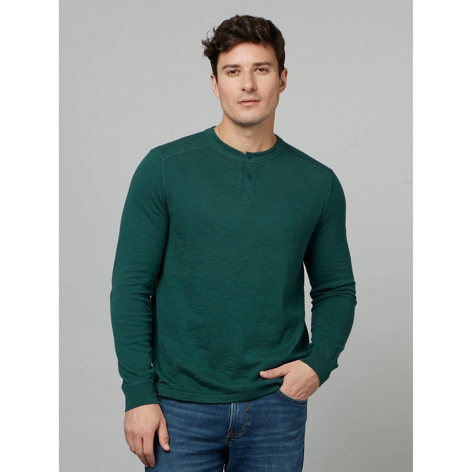 Dark Green Henley Neck Full Sleeve Pullover Sweater (FEPAXIN)