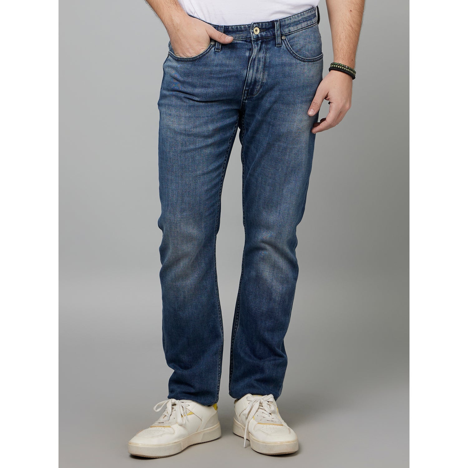 Navy Blue Slim Fit Clean Look Light Fade Clean Look Stretchable Jeans (FOSOFT)
