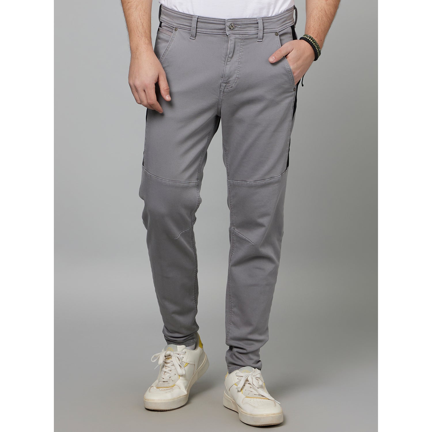Grey Mid-Rise Classic Skinny Fit Plain Cotton Regular Trousers (FOBIKE)