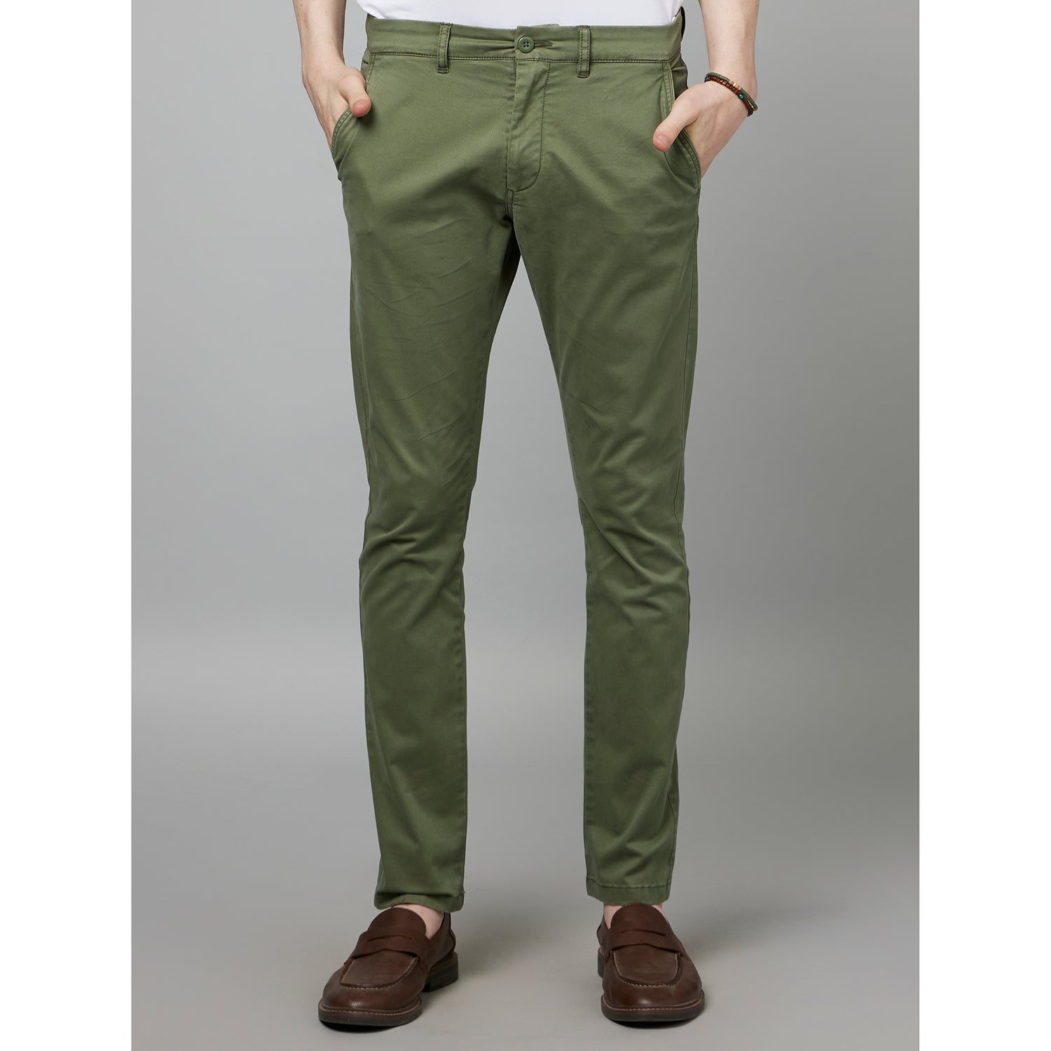 Olive Green Classic Slim Fit Cotton Trousers (FOOVER)