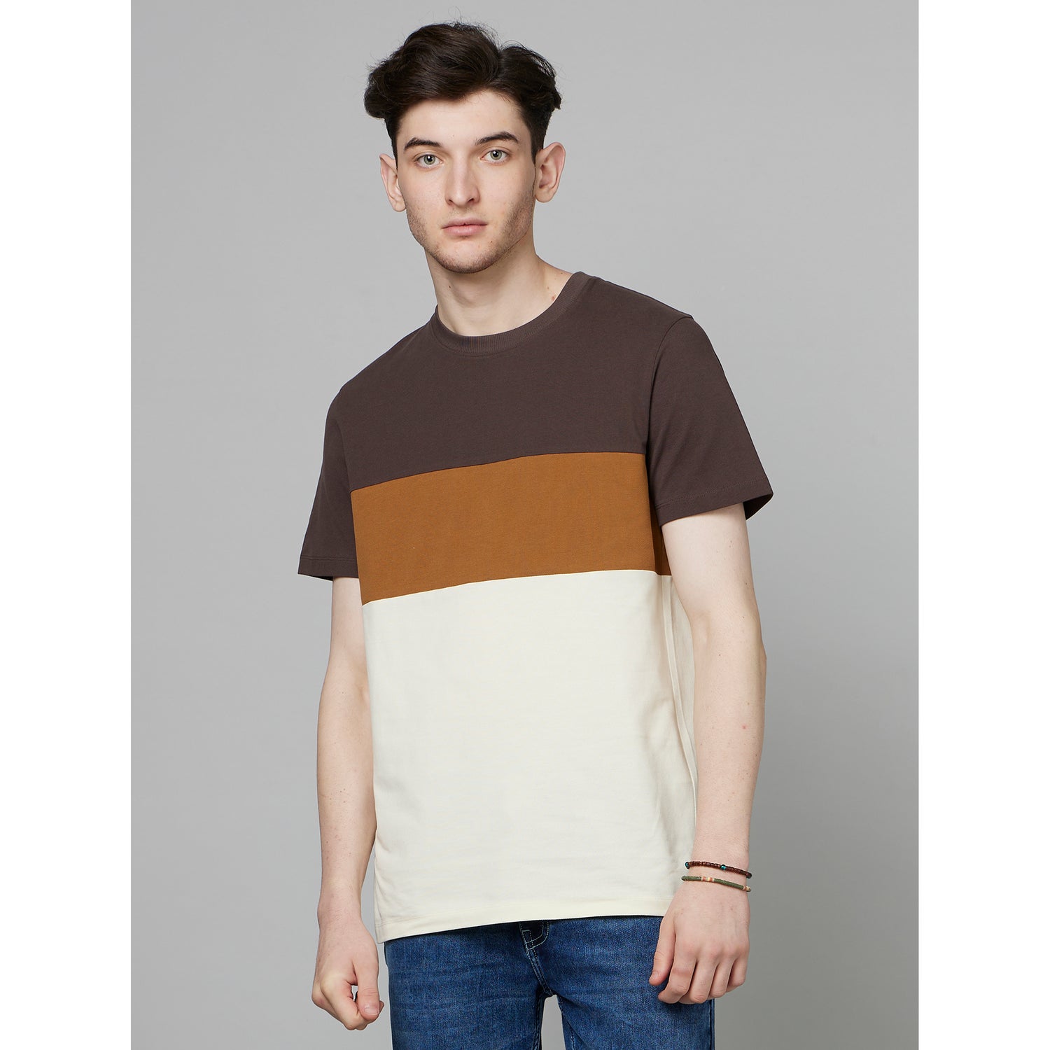 Brown Colourblocked Cotton T-shirt (FEBLOCIN)