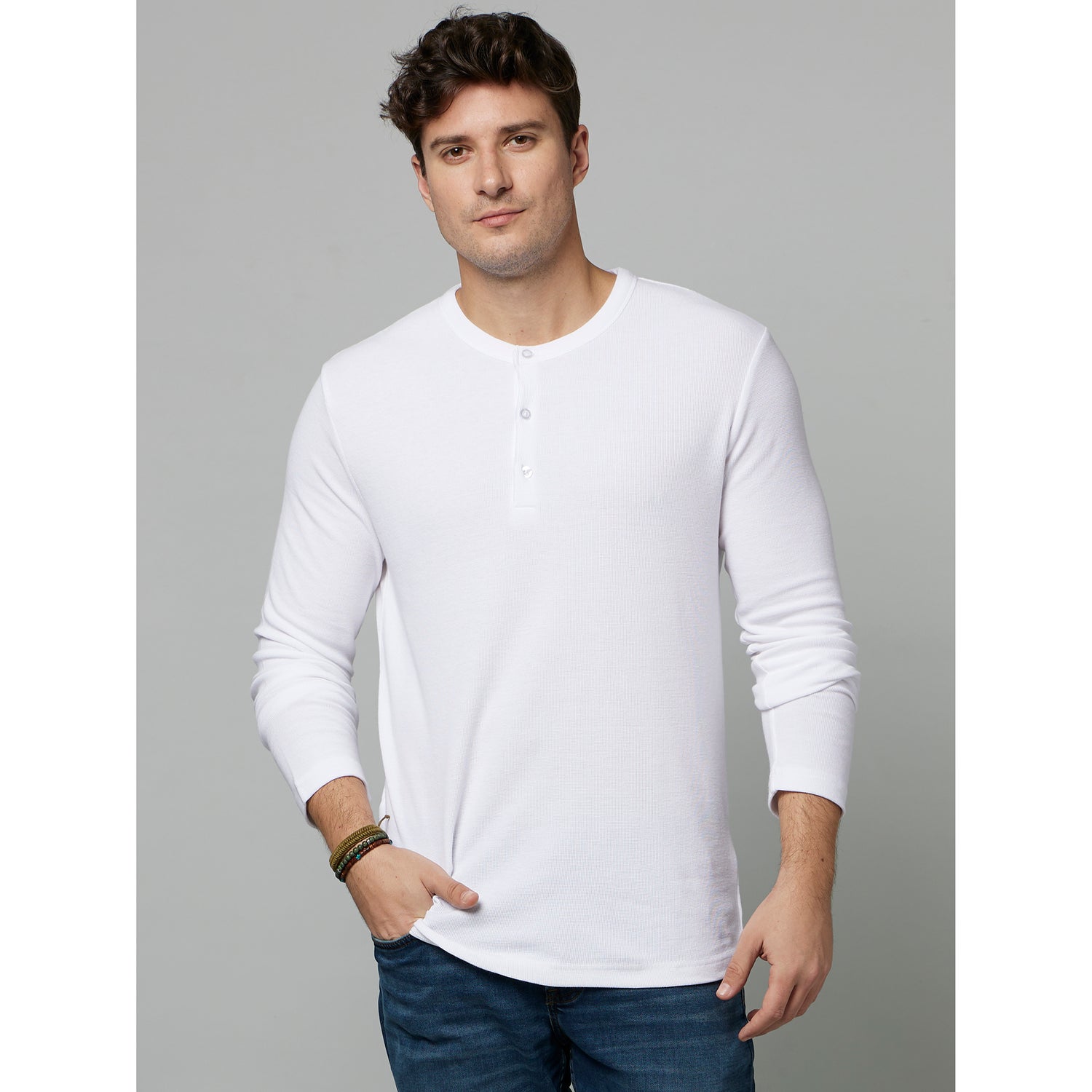 White Henley Neck Long Sleeves Cotton T-shirt (CEPLAYIN)