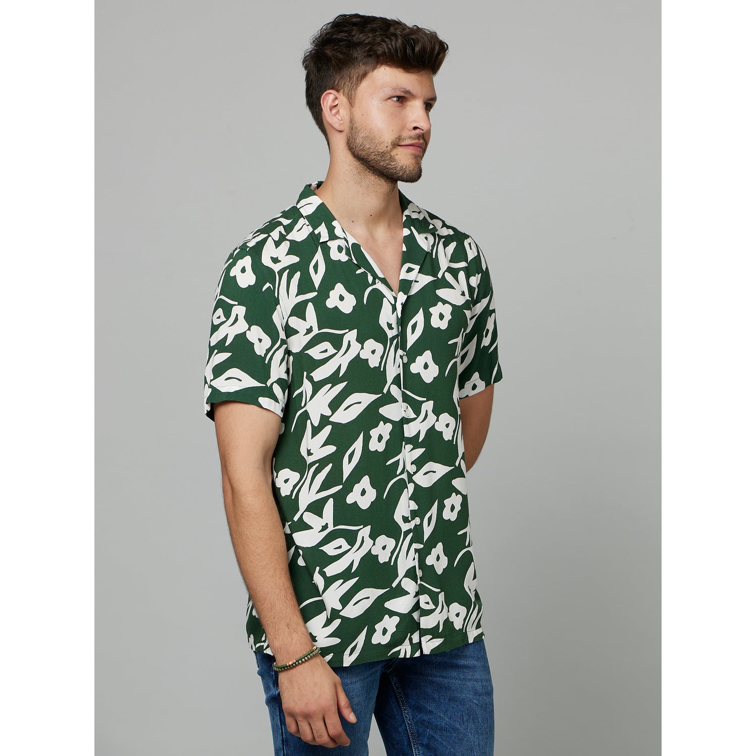 Green Classic Floral Printed Cotton Casual Shirt (FAVISFLO1)