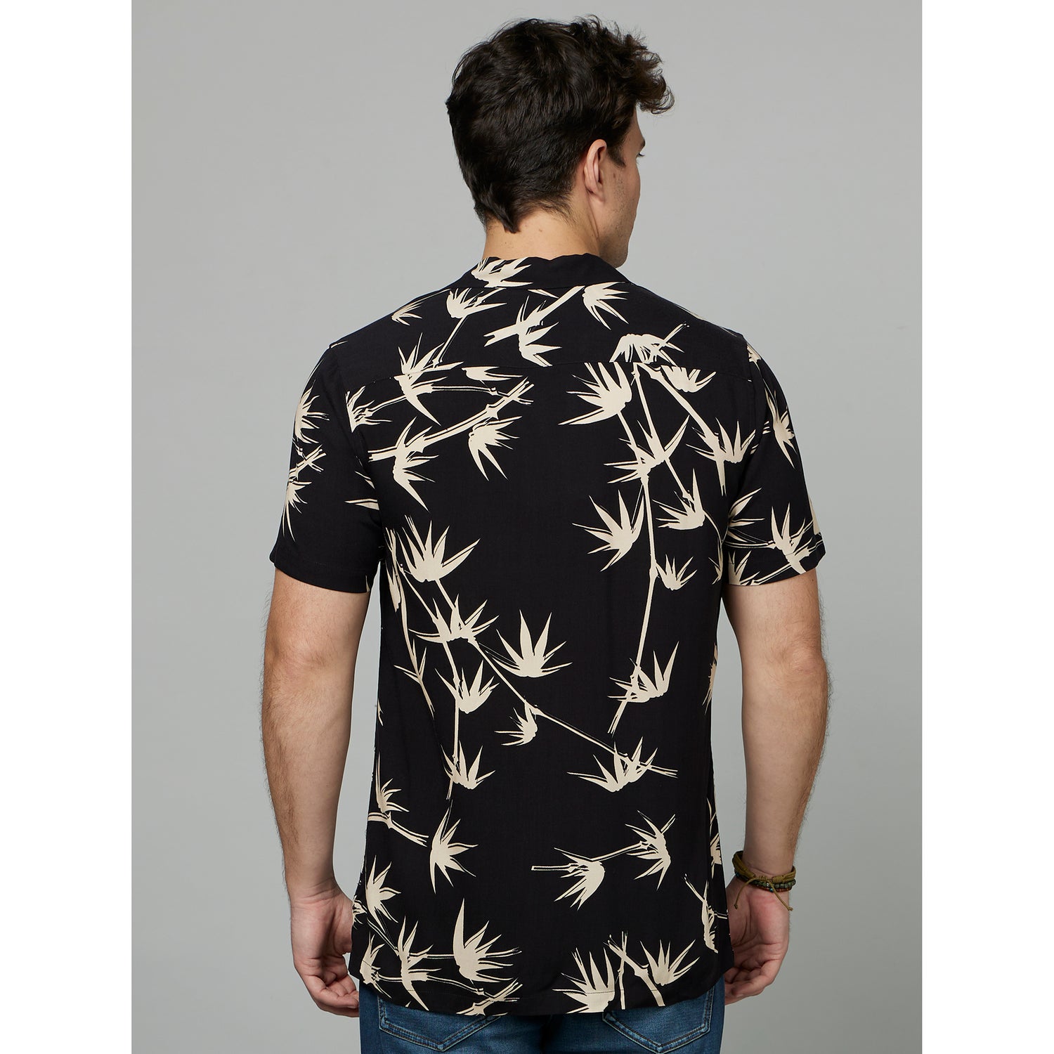 Black Floral Printed Cuban Collar Casual Shirt (FAVISFLO2)