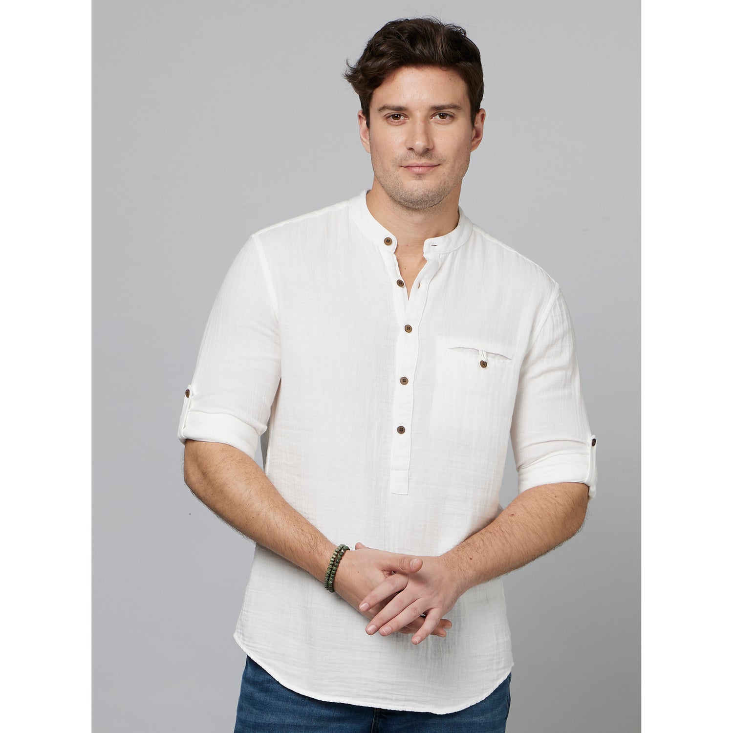White Classic Mandarin Collar Cotton Casual Shirt (FADOUBLE)