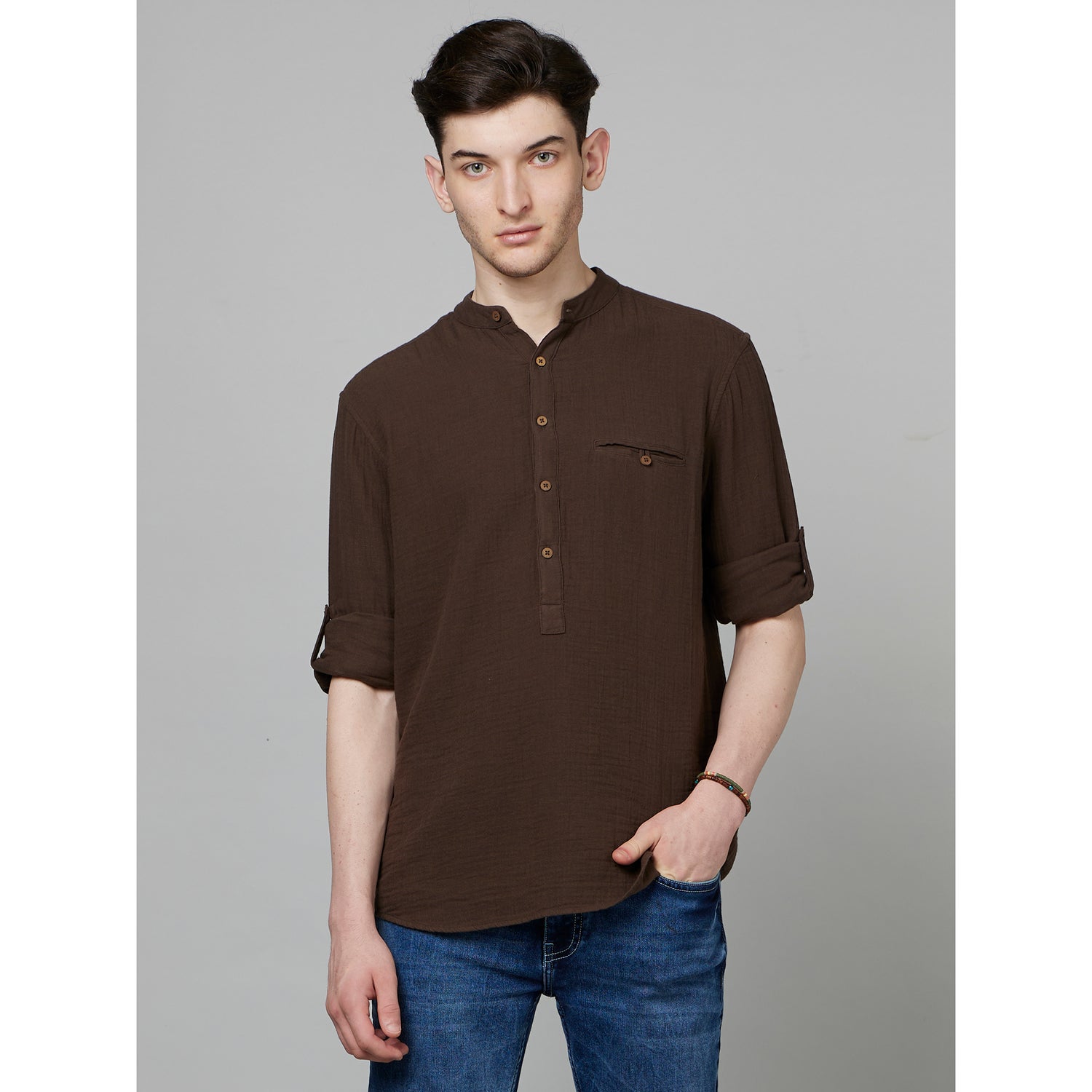 Brown Classic Mandarin Collar Cotton Casual Shirt (FADOUBLE)