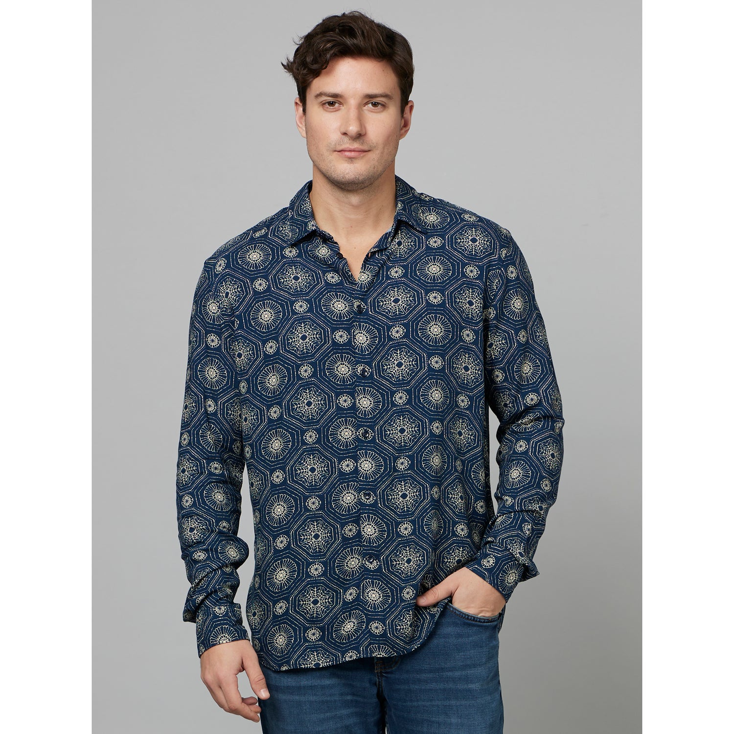 Blue Classic Ethnic Printed Casual Shirt (FAVISGEO1)