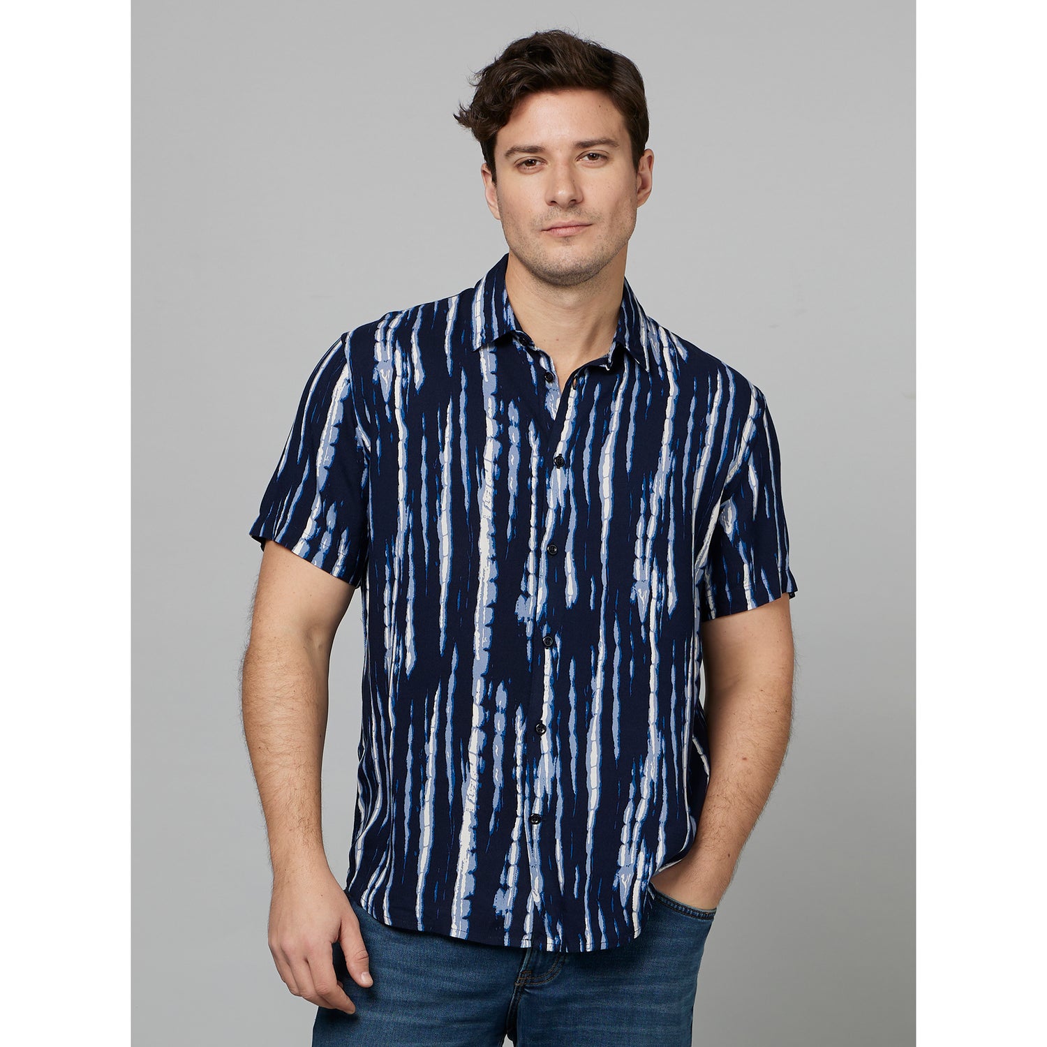 Navy Blue Classic Abstract Printed Casual Shirt (FAPRITIE2)