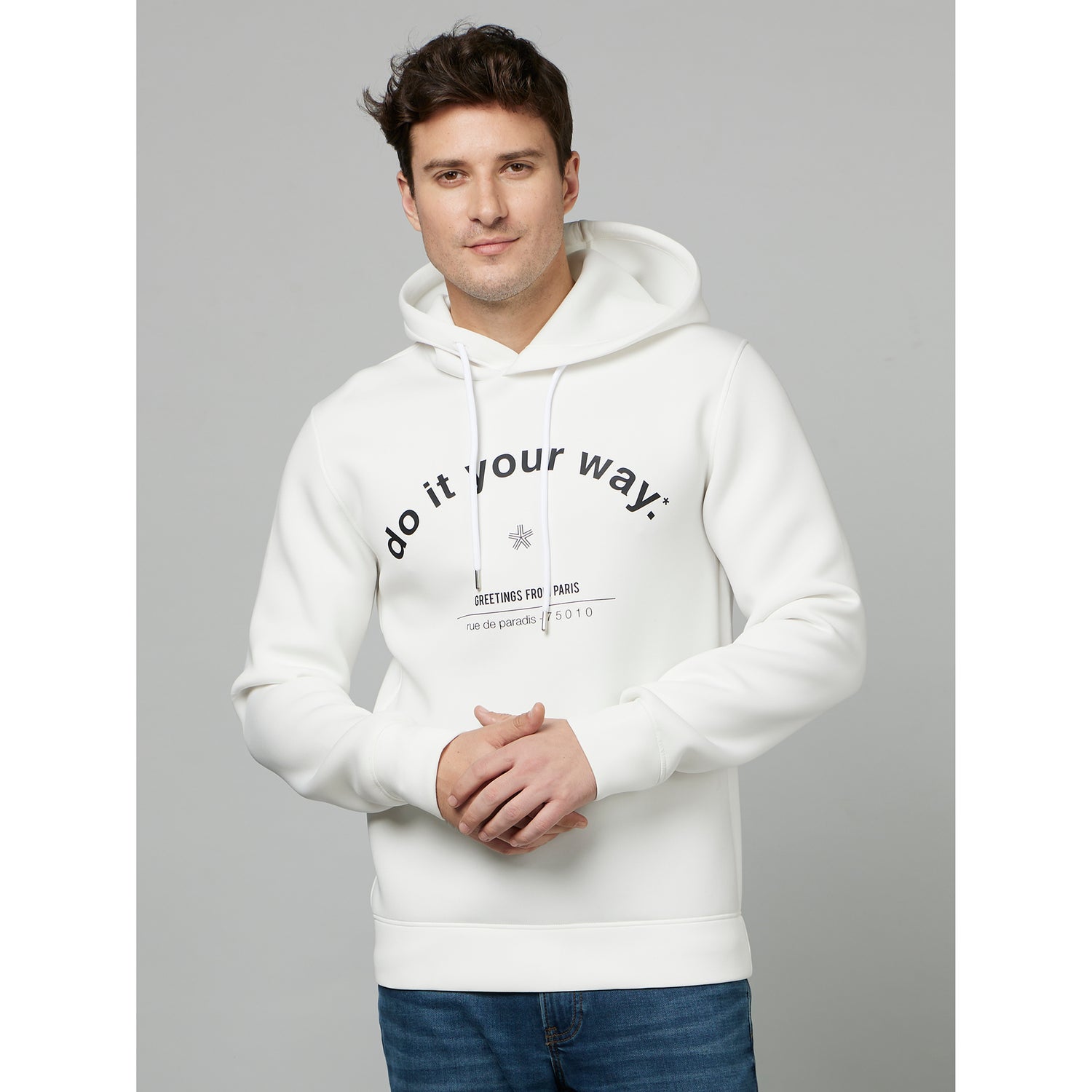 White Typography Printed Hooded Pullover Sweatshirt (FESCUB)