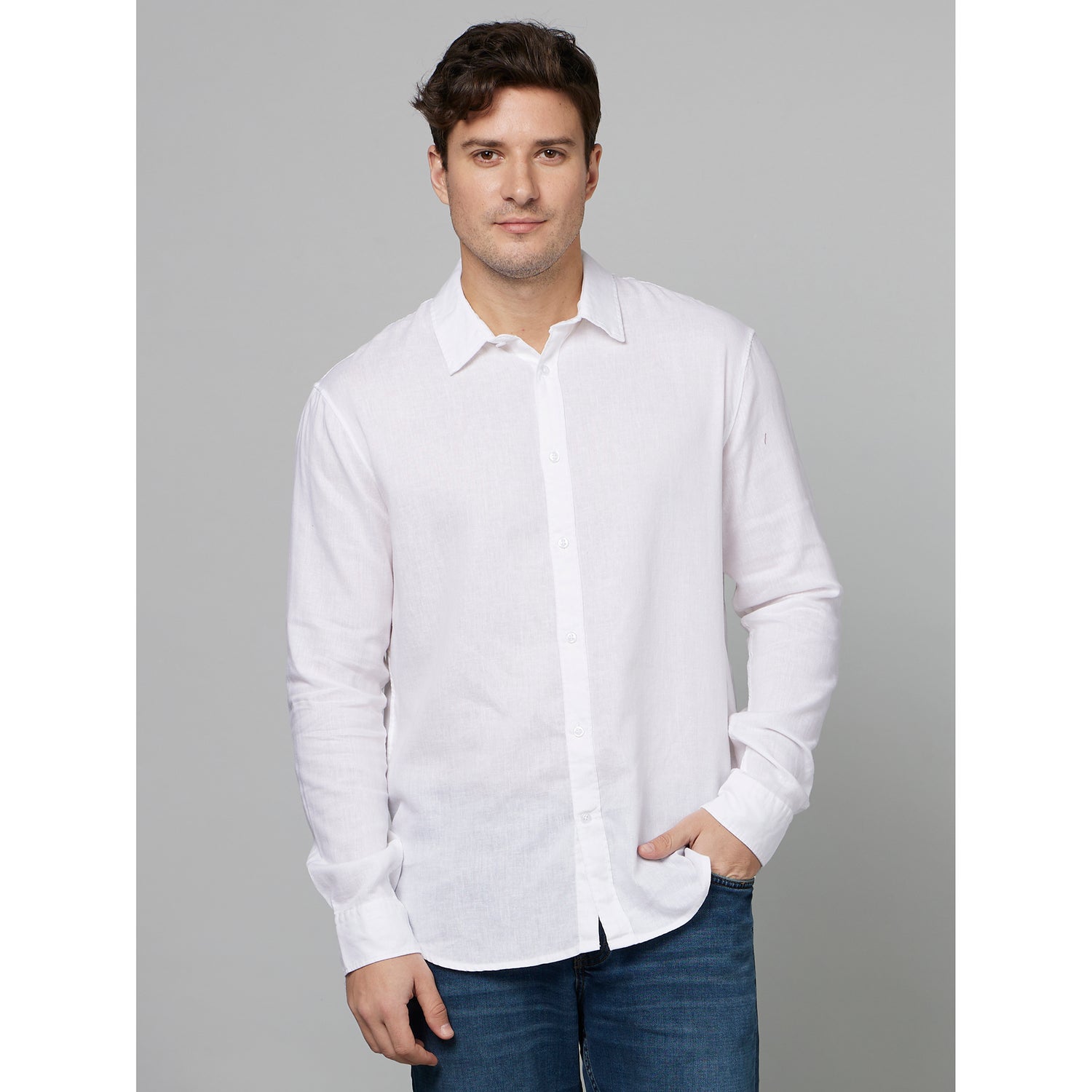 White Classic Opaque Linen Casual Shirt (FALINMOD)