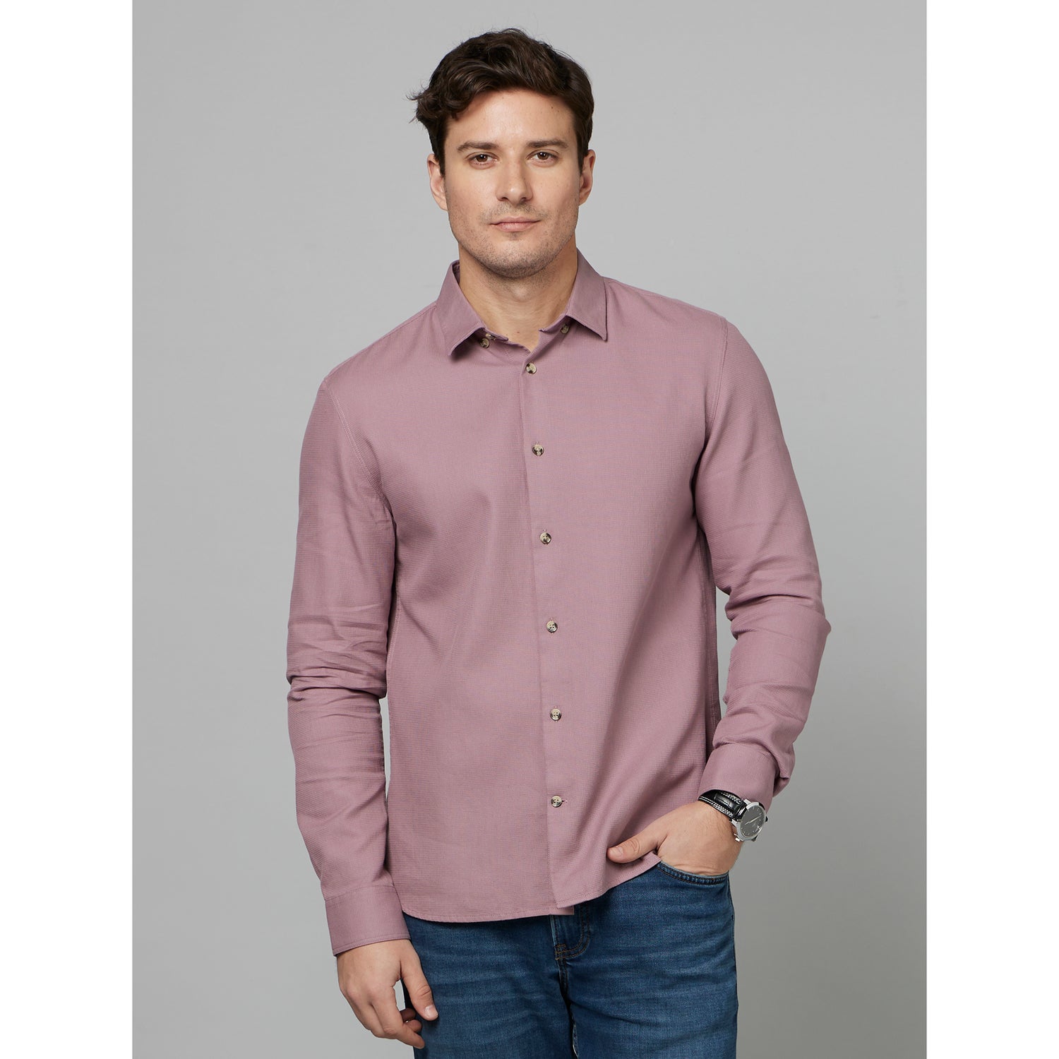 Pink Classic Opaque Cotton Casual Shirt (FATEXTURE)