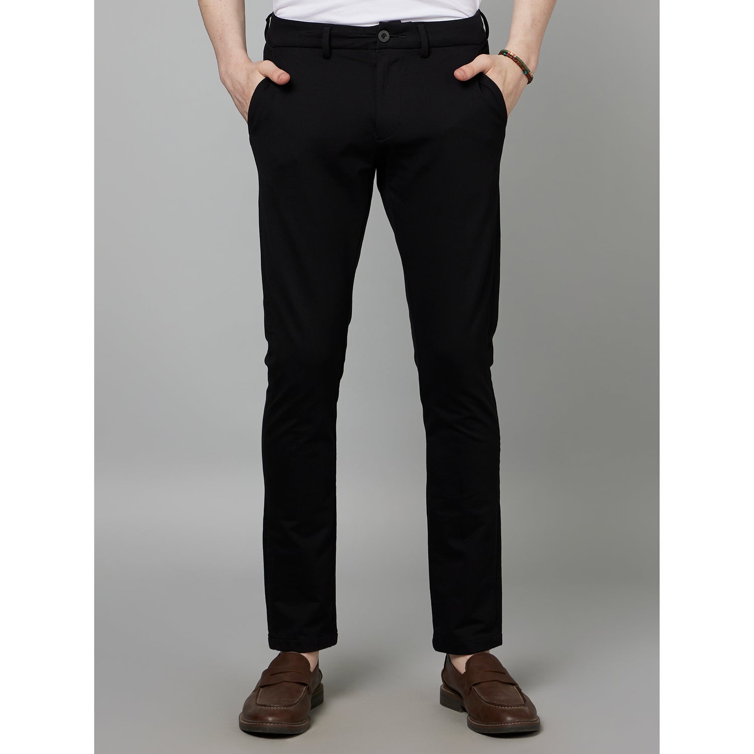 Black Mid-Rise Classic Slim Fit Plain Cotton Formal Trousers (FOKNIT)