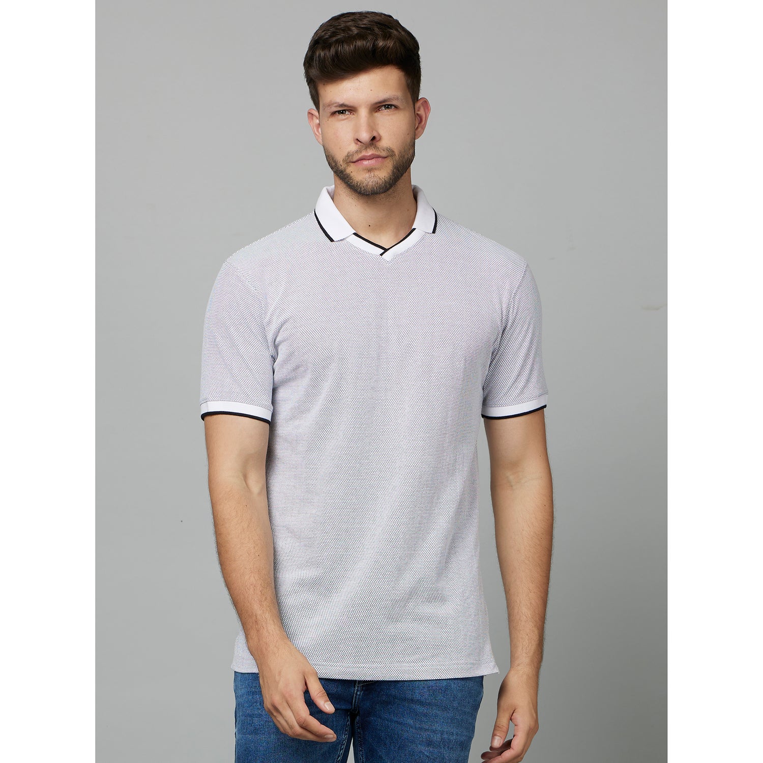White Polo Collar Cotton T-shirt (FETEXT)