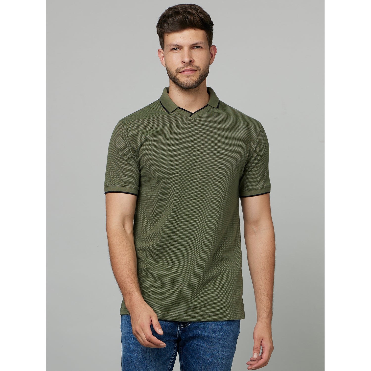 Olive Green Polo Collar Short Sleeves Cotton T-shirt (FETEXT)