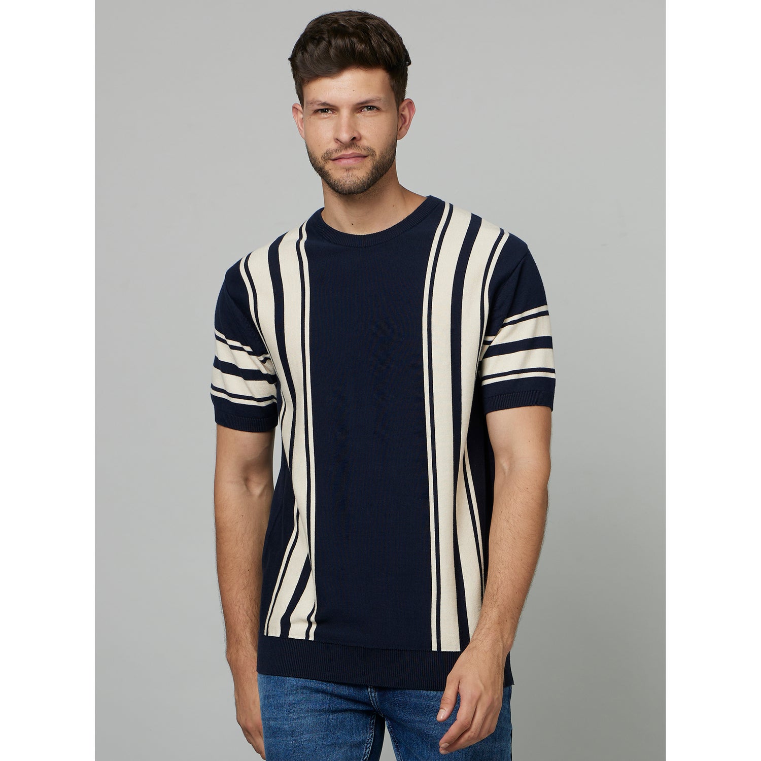 Navy Blue Striped Cotton T-shirt (FECREWFL2)