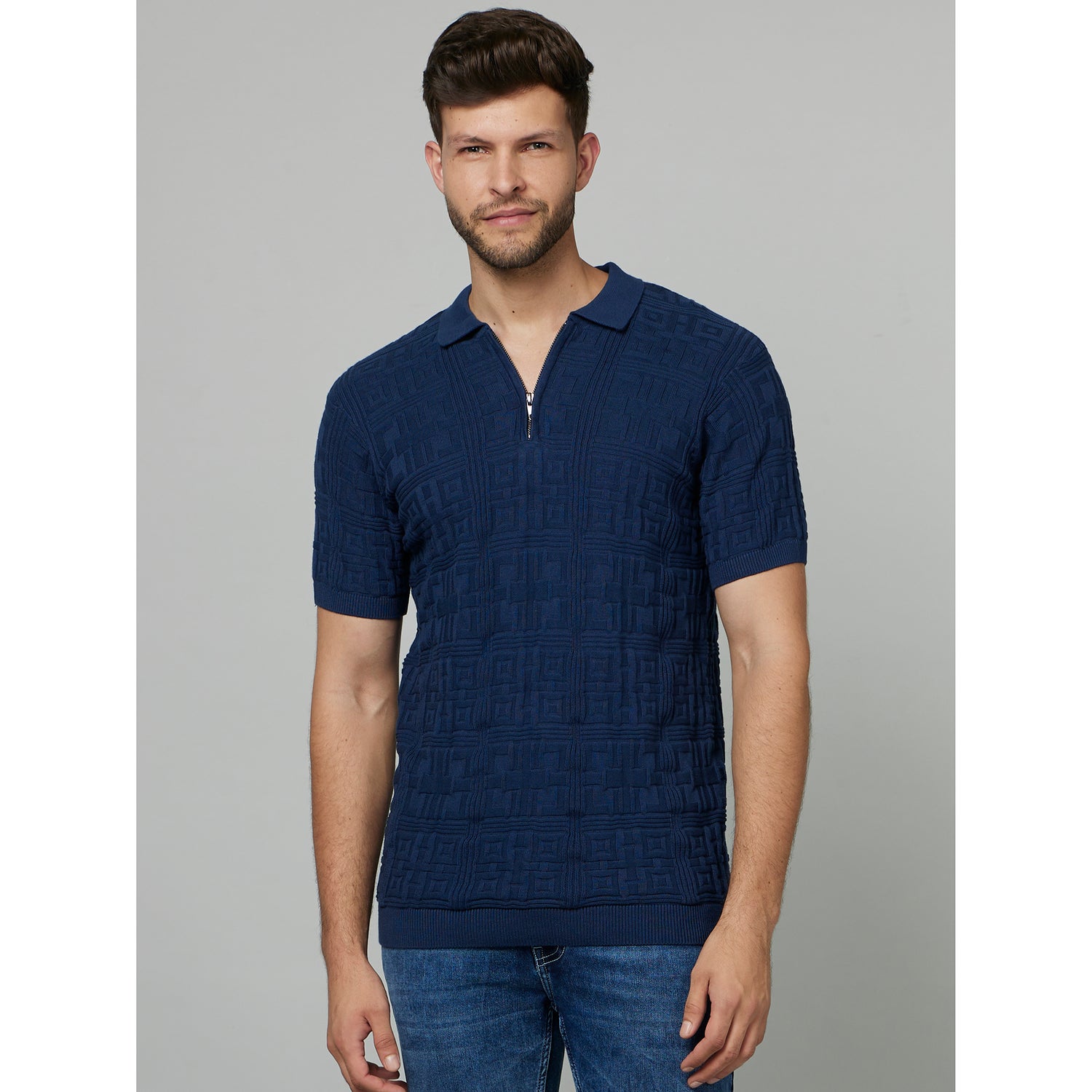 Blue Self Design Polo Collar Cotton T-shirt (FEMAZE)