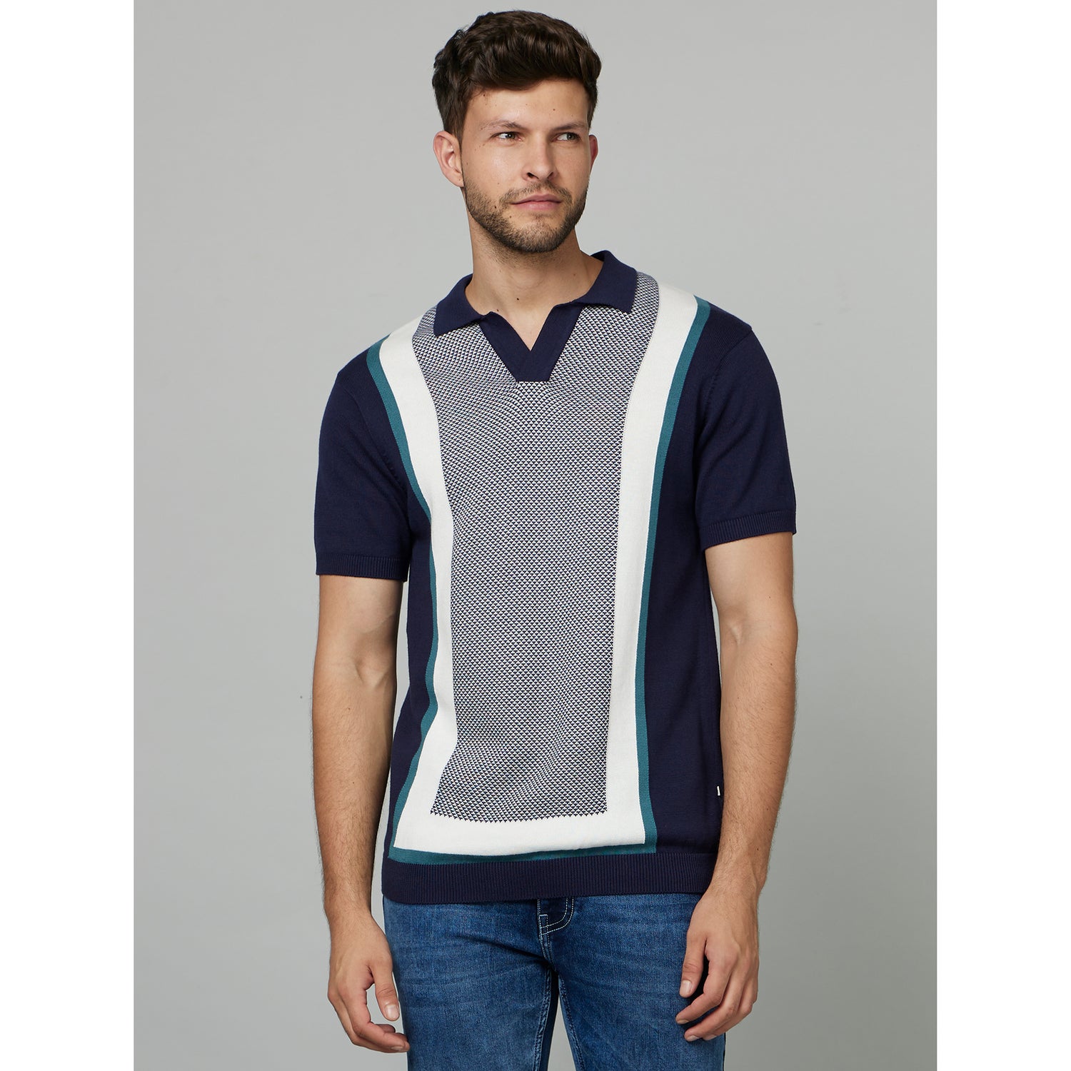 Navy Blue Colourblocked Polo Collar Cotton T-shirt (FEQUARD)