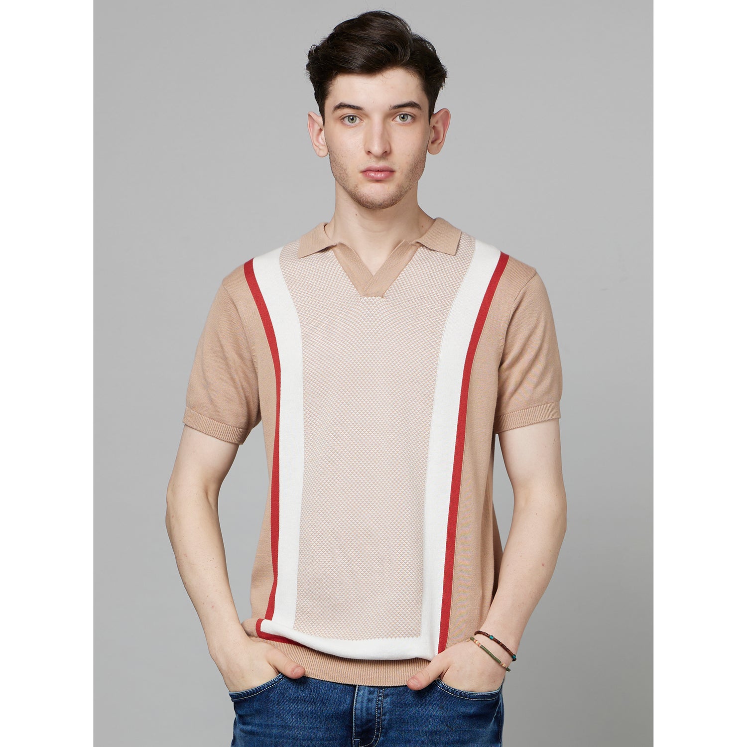 Beige Striped Polo Collar Cotton T-shirt (FEQUARD)