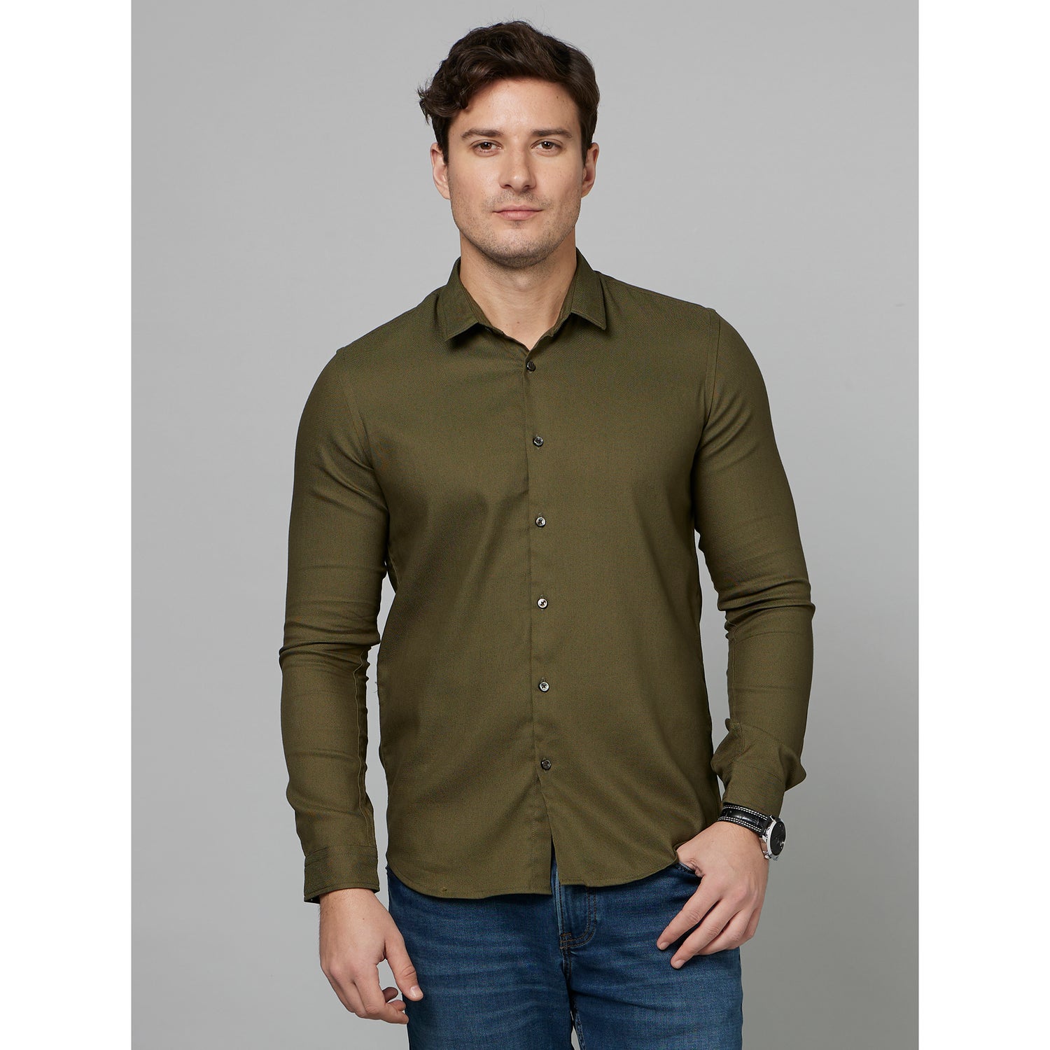 Olive Green Classic Spread Collar Cotton Casual Shirt (FAPOL)