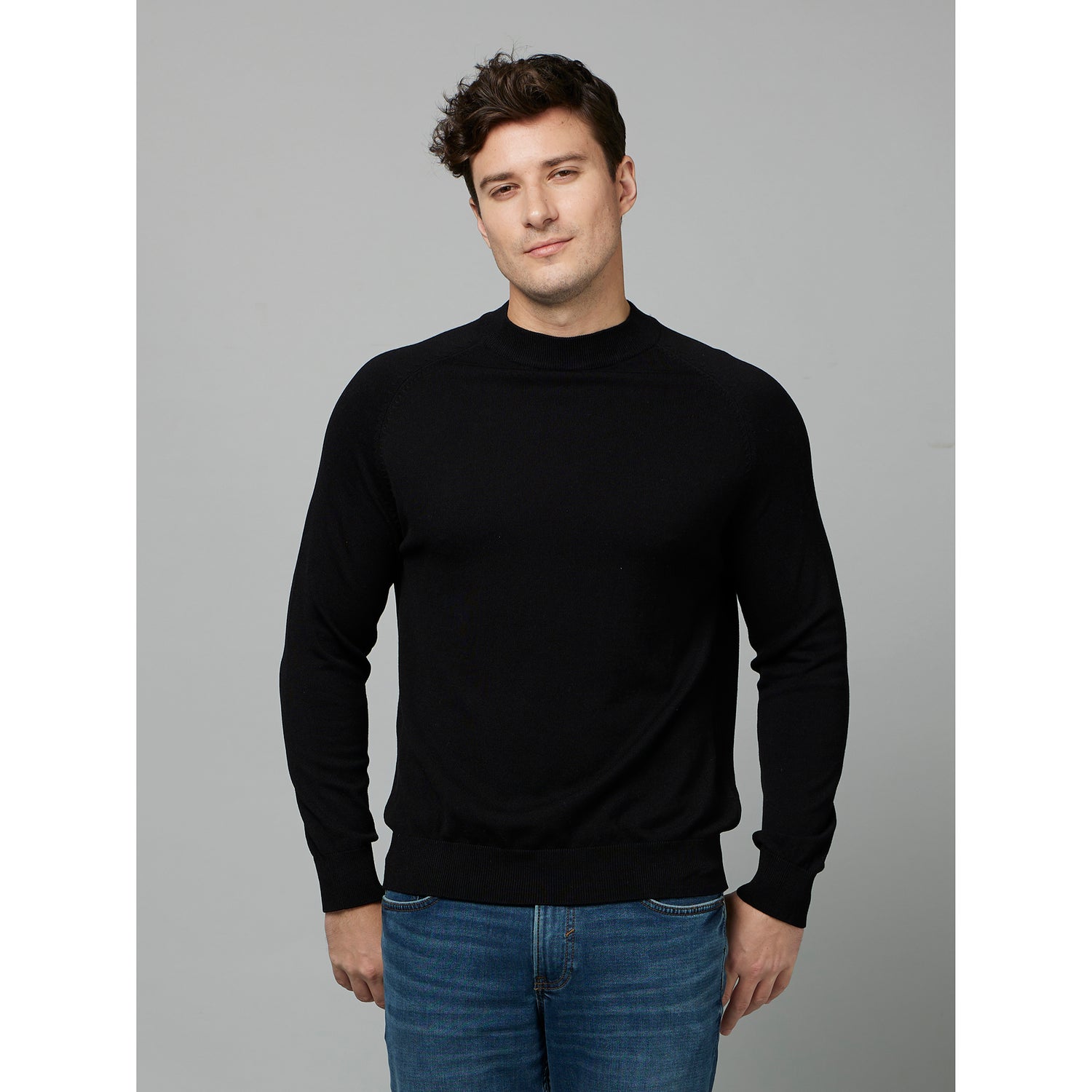 Black Round Neck Cotton Pullover Sweater (FEHIGH)