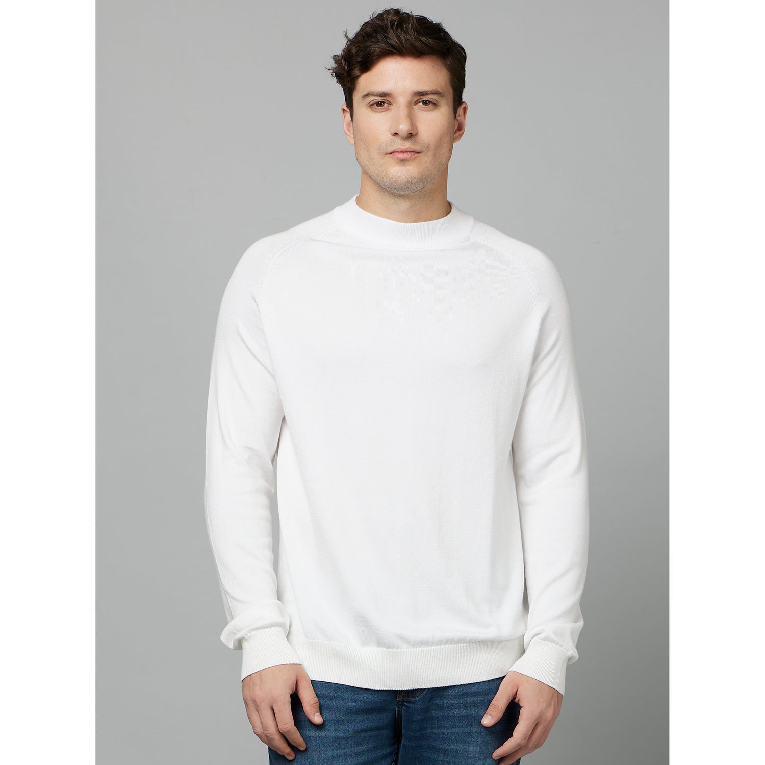 Off White Long Sleeve Cotton Pullover Sweater (FEHIGH)