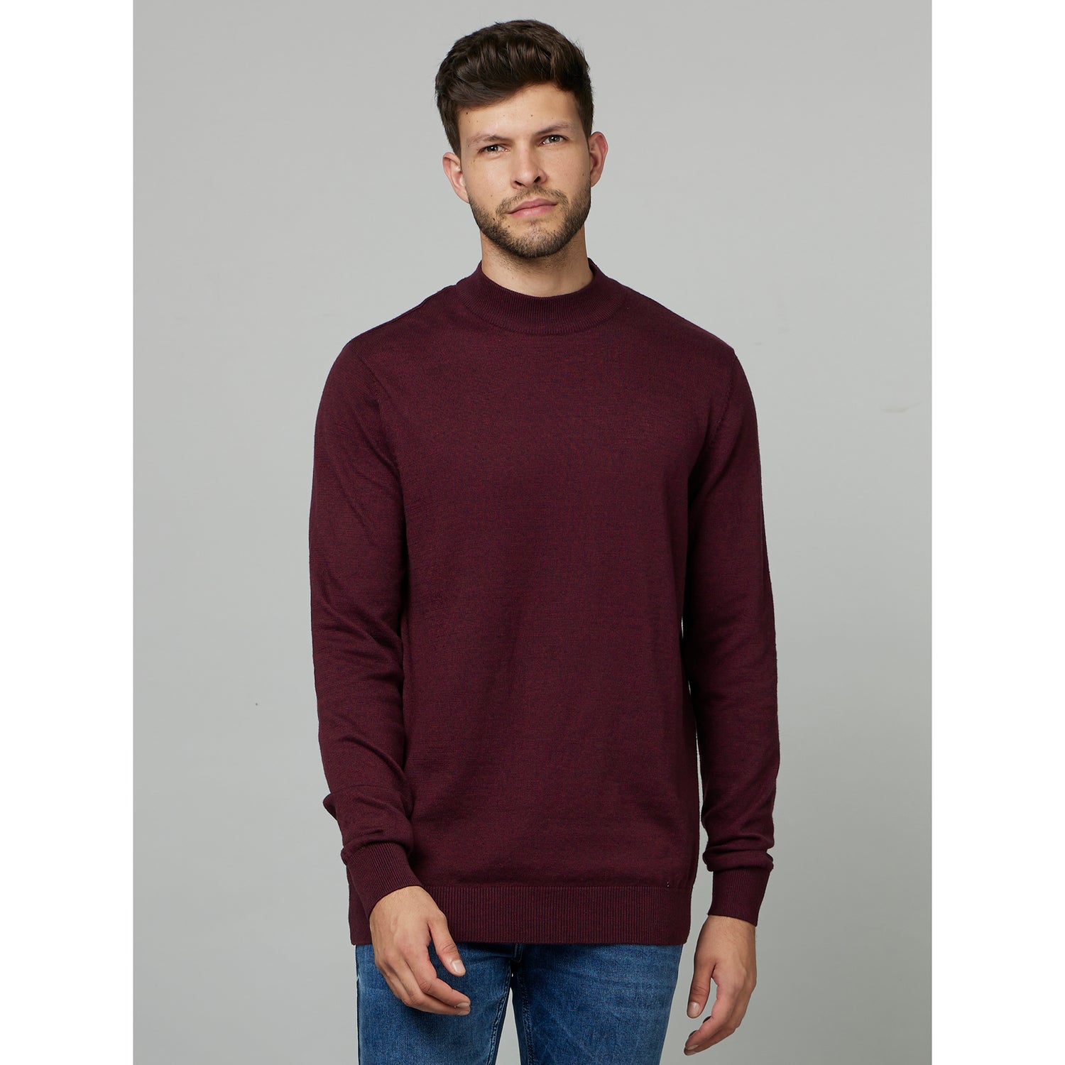 Burgundy Round Neck Cotton Pullover Sweater (FETURN)