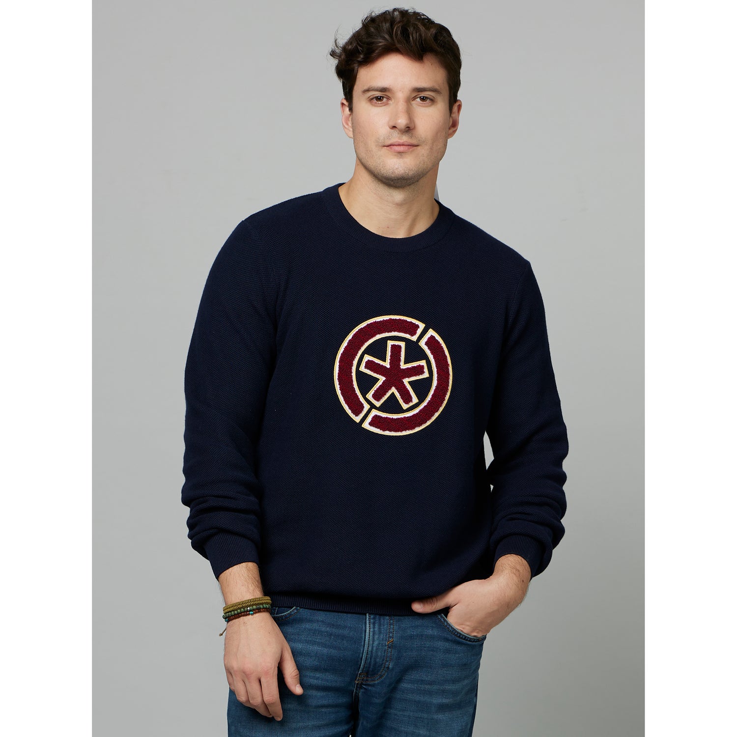 Navy Blue Boucle Self Design Cotton Pullover Sweater (FEVARSITY2)