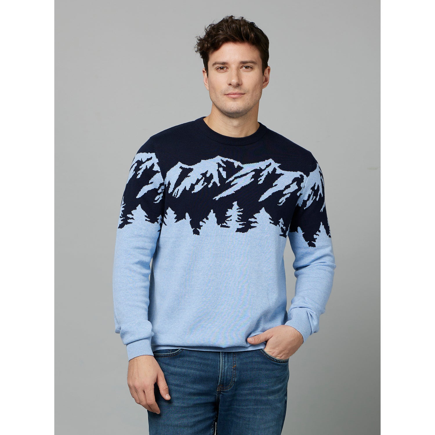 Blue Printed Full Sleeve Knitted Pullover Sweater (FEMOUNT)