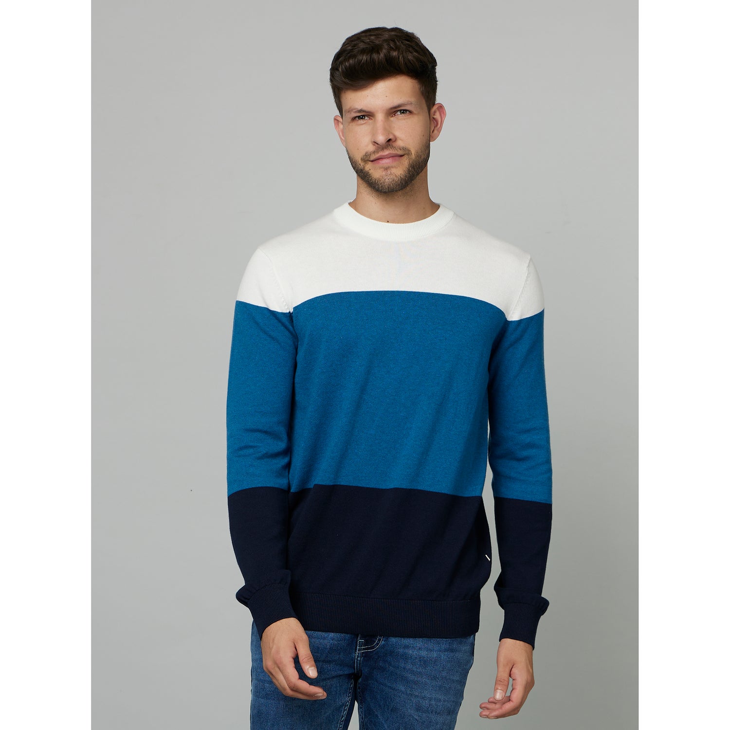 Navy Colourblocked Cotton Pullover Sweater (FERAIN)