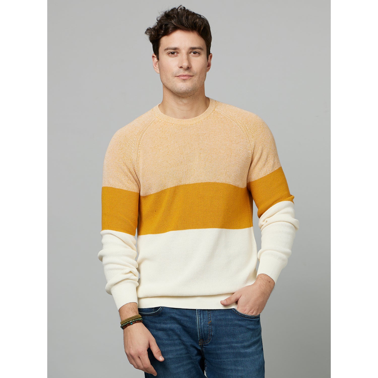 Yellow Colourblocked Full Sleeve Knitted Pullover Sweater (FERIBB)