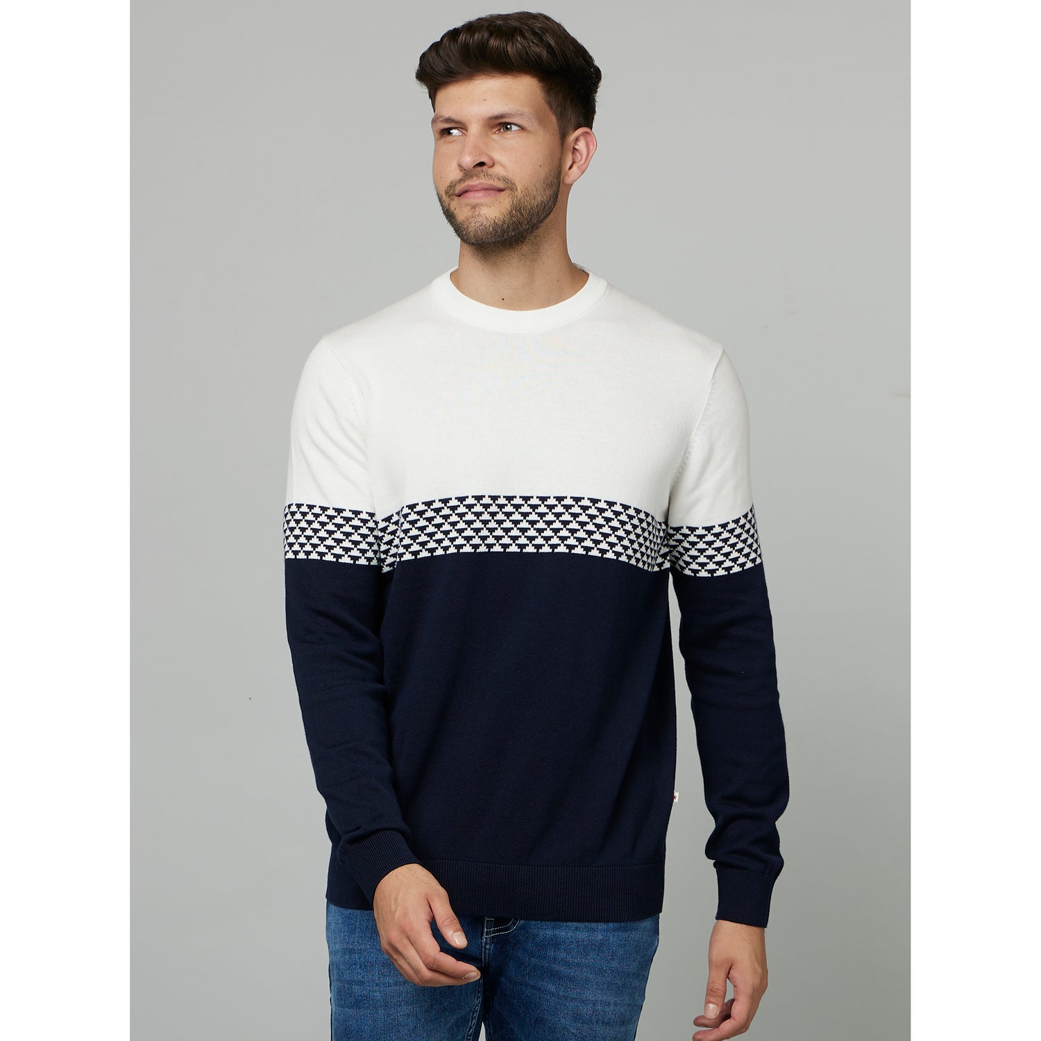 Black Colourblocked Cotton Pullover Sweater (FEJAQ)