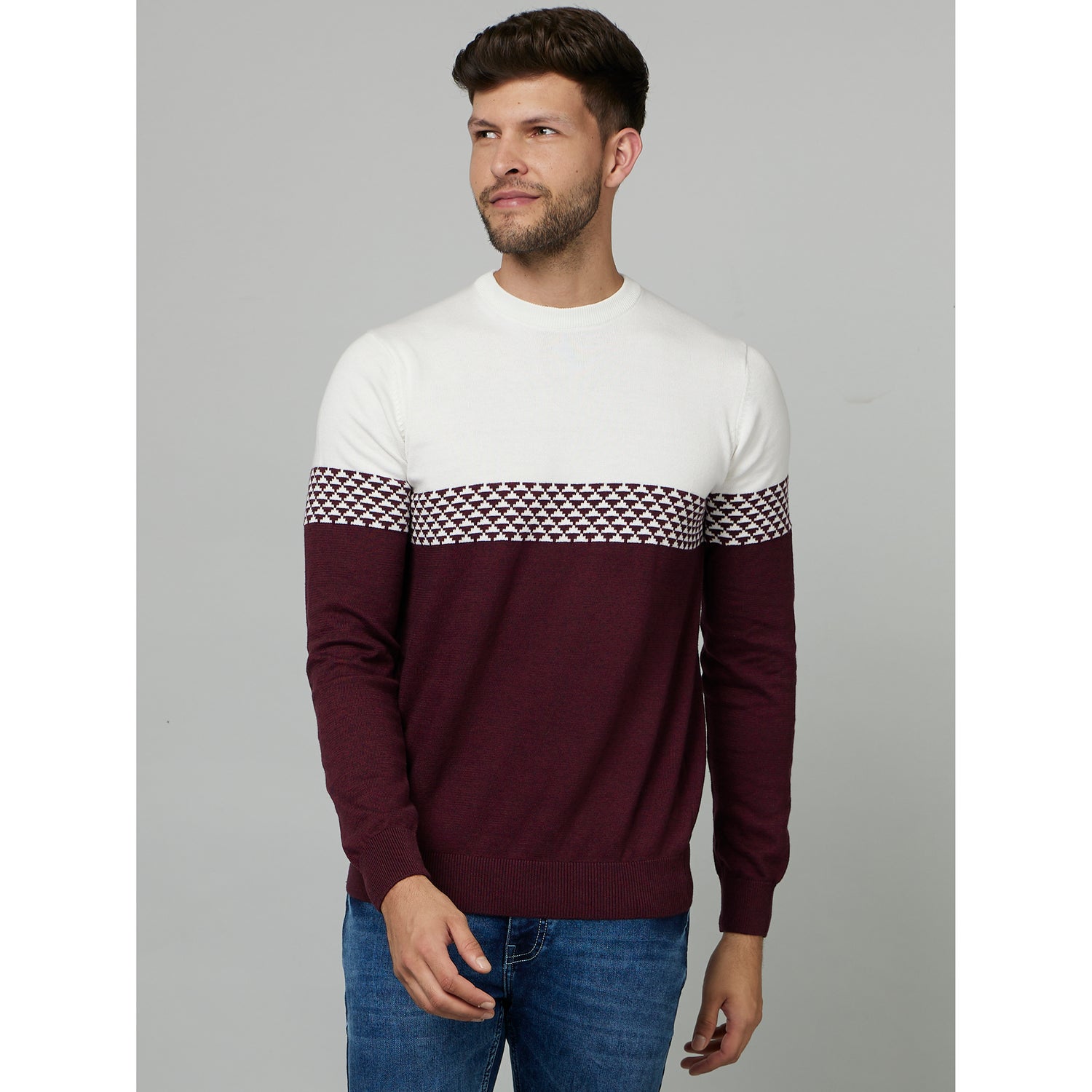 Burgundy Colourblocked Round Neck Cotton Sweatshirt (FEJAQ)