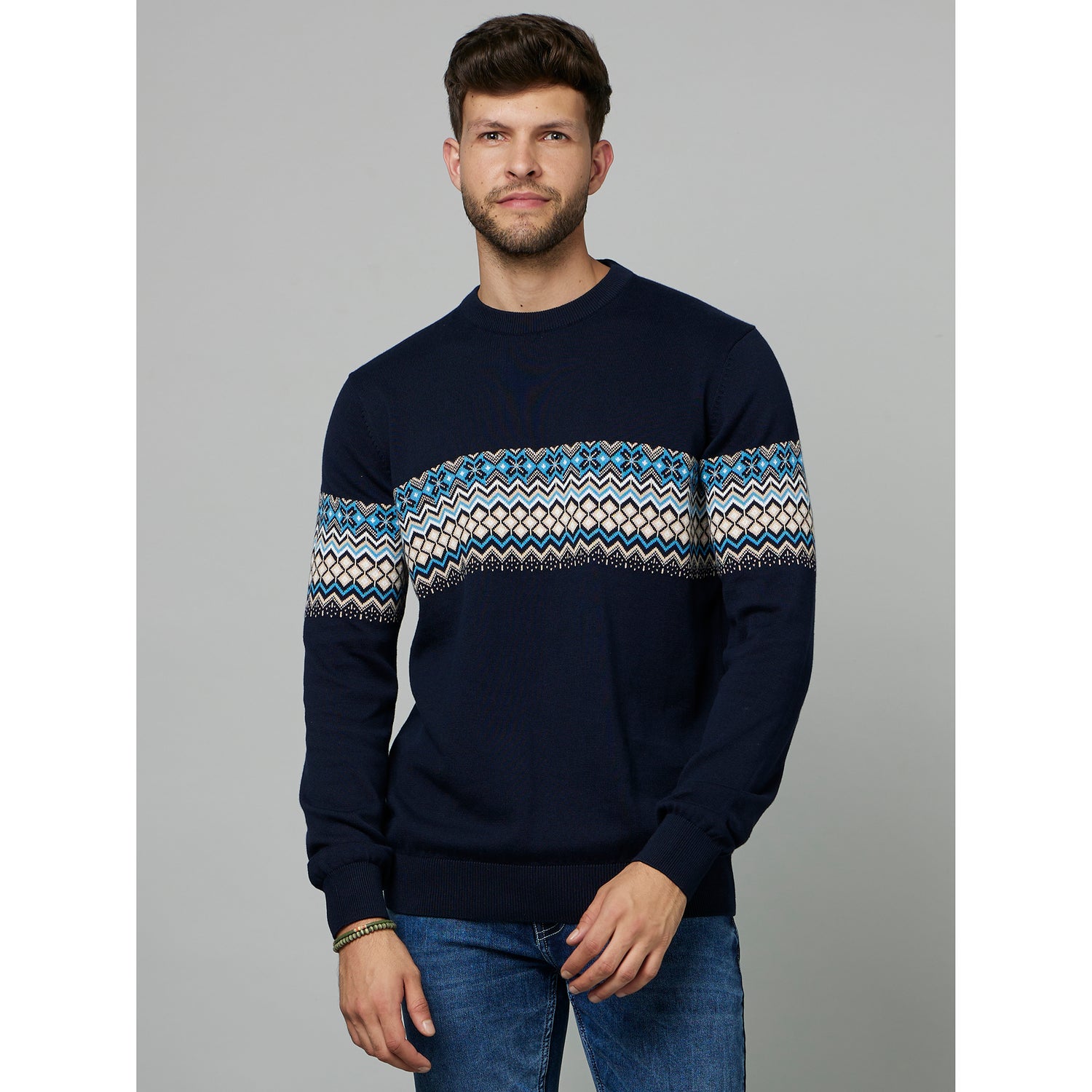 Navy Fair Isle Self Design Cotton Pullover Sweater (FEMERRY)