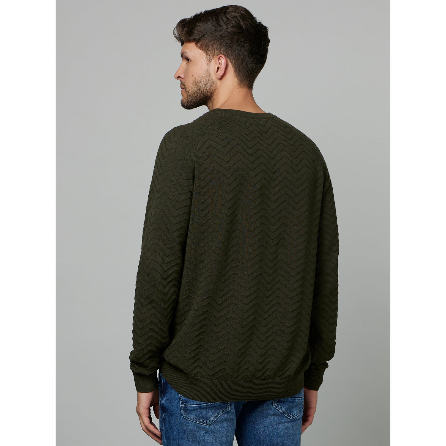 Olive Green Self Design Cotton Pullover Sweater (FECHEVRON)