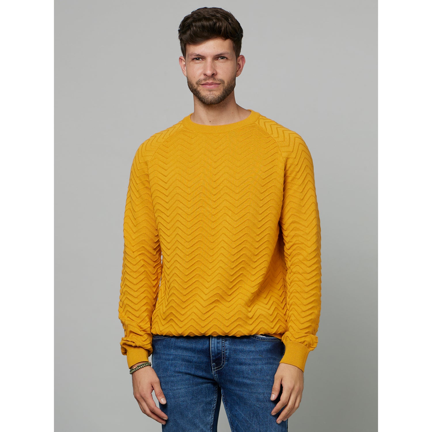 Yellow Chevron Self Design Cotton Pullover Sweater (FECHEVRON)