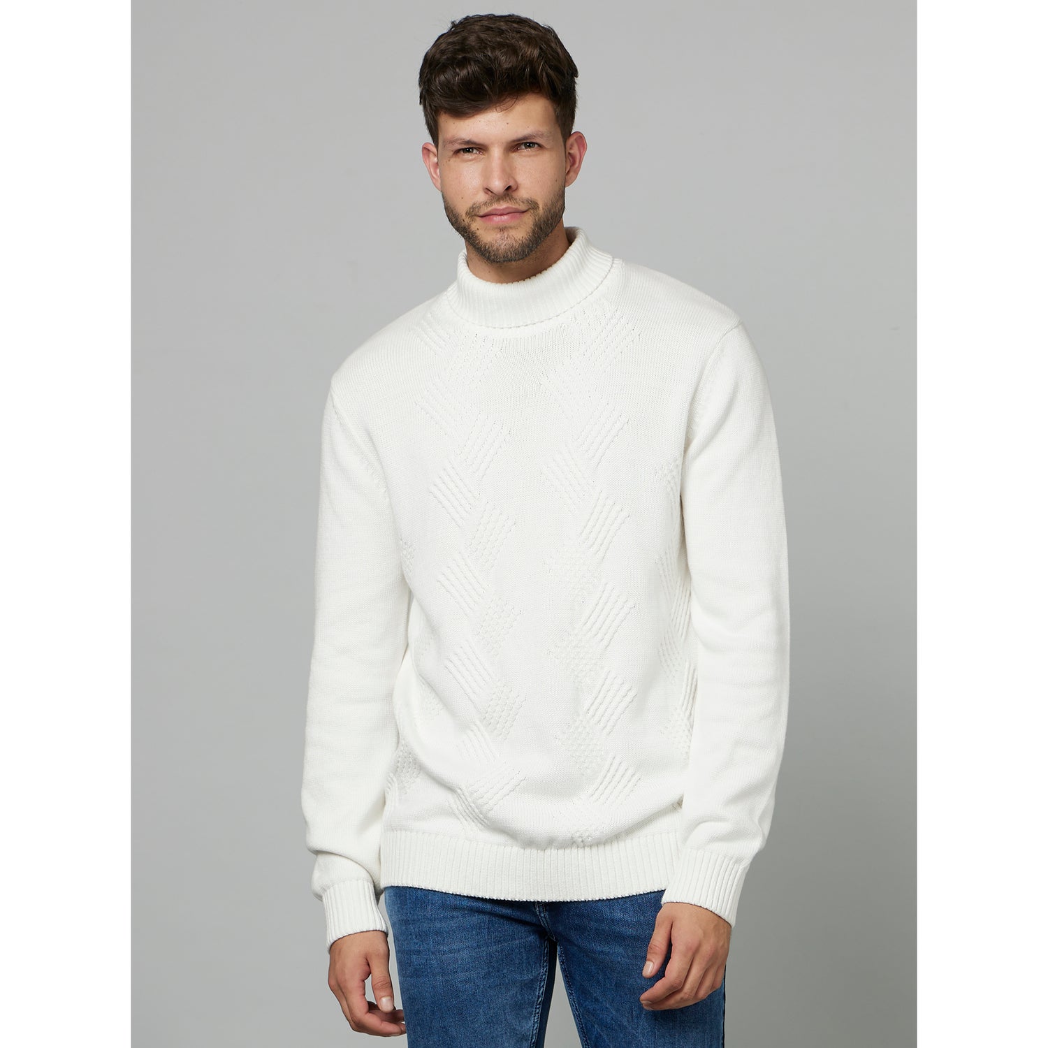 Off White Quirky Self Design Long Sleeve Cotton Pullover Sweater (FETEXTURE)