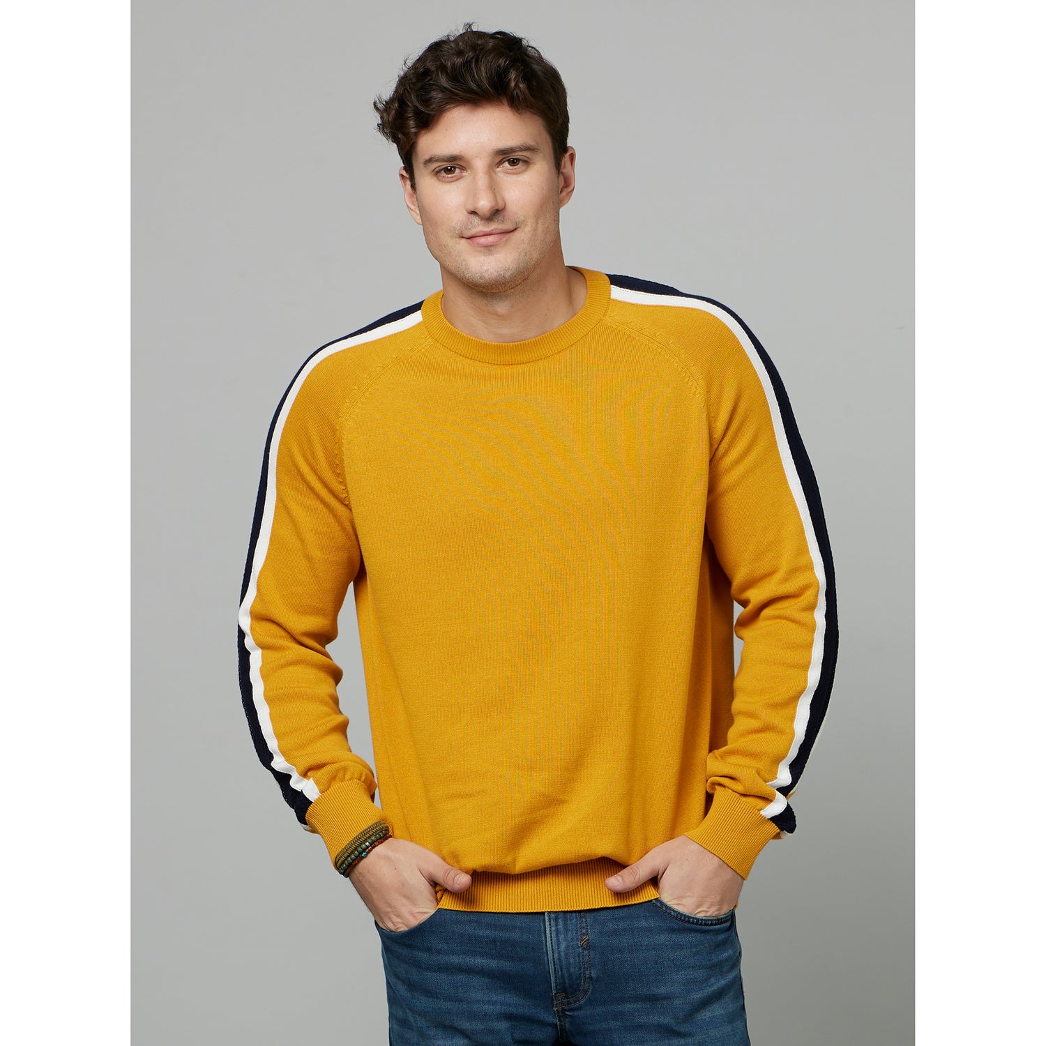 yellow Round Neck Striped Detail Cotton Pullover Sweater (FERITAS)