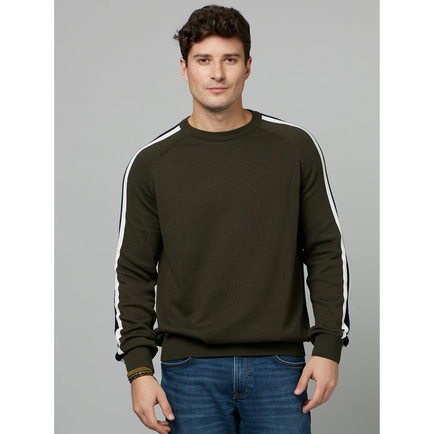 Olive Green Striped Cotton Pullover Sweater (FERITAS)