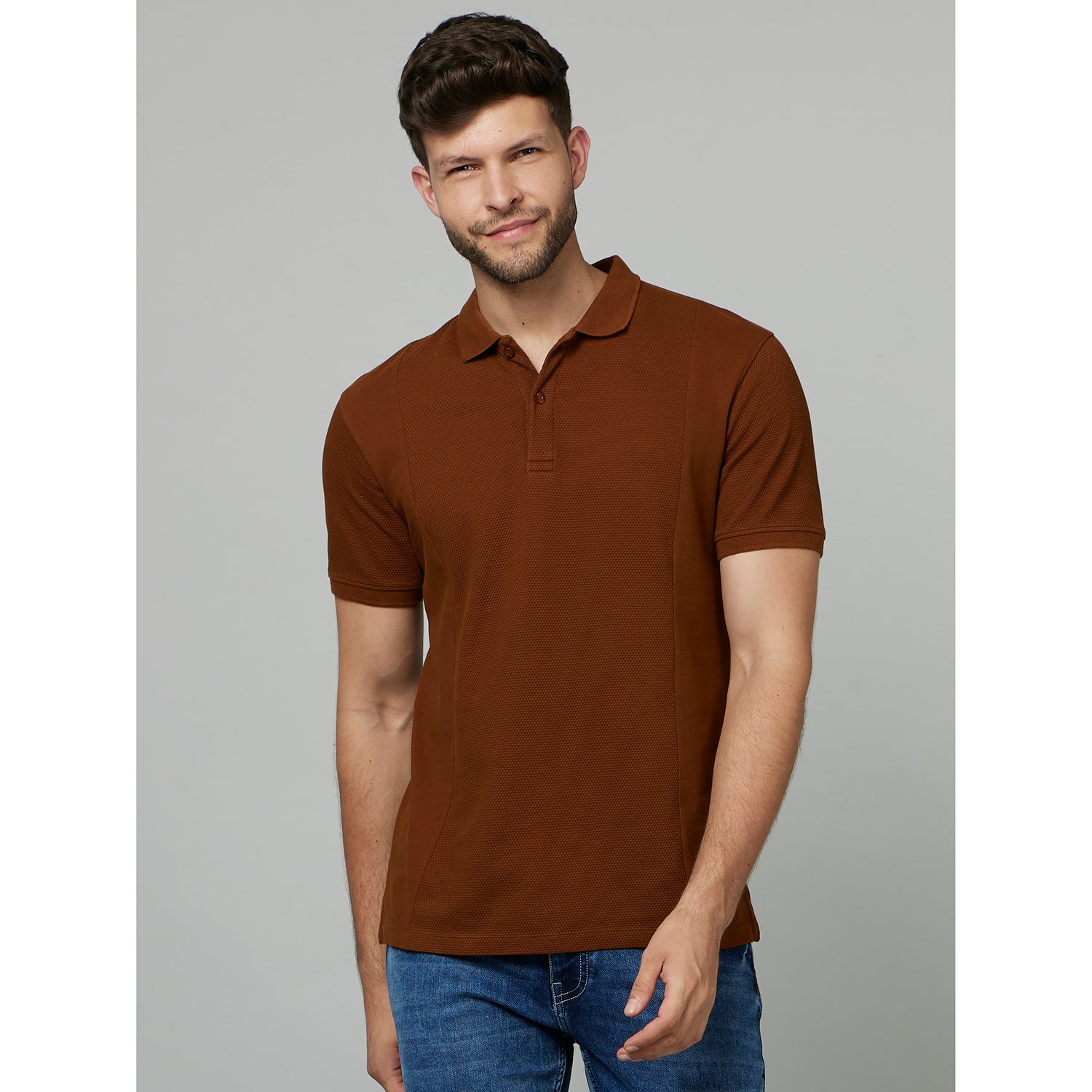 Brown Polo Collar Cotton T-shirt (FEPOPMIX)