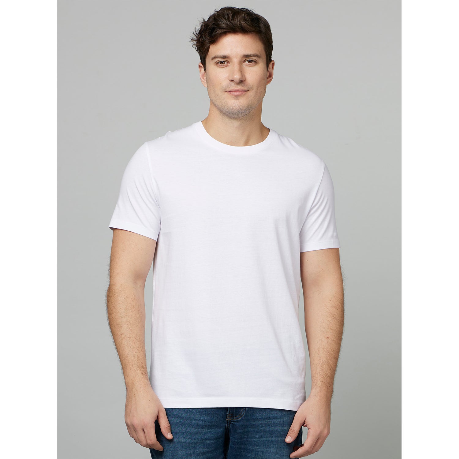 White Round Neck Regular Fit Cotton T-shirt (TEBASE2)