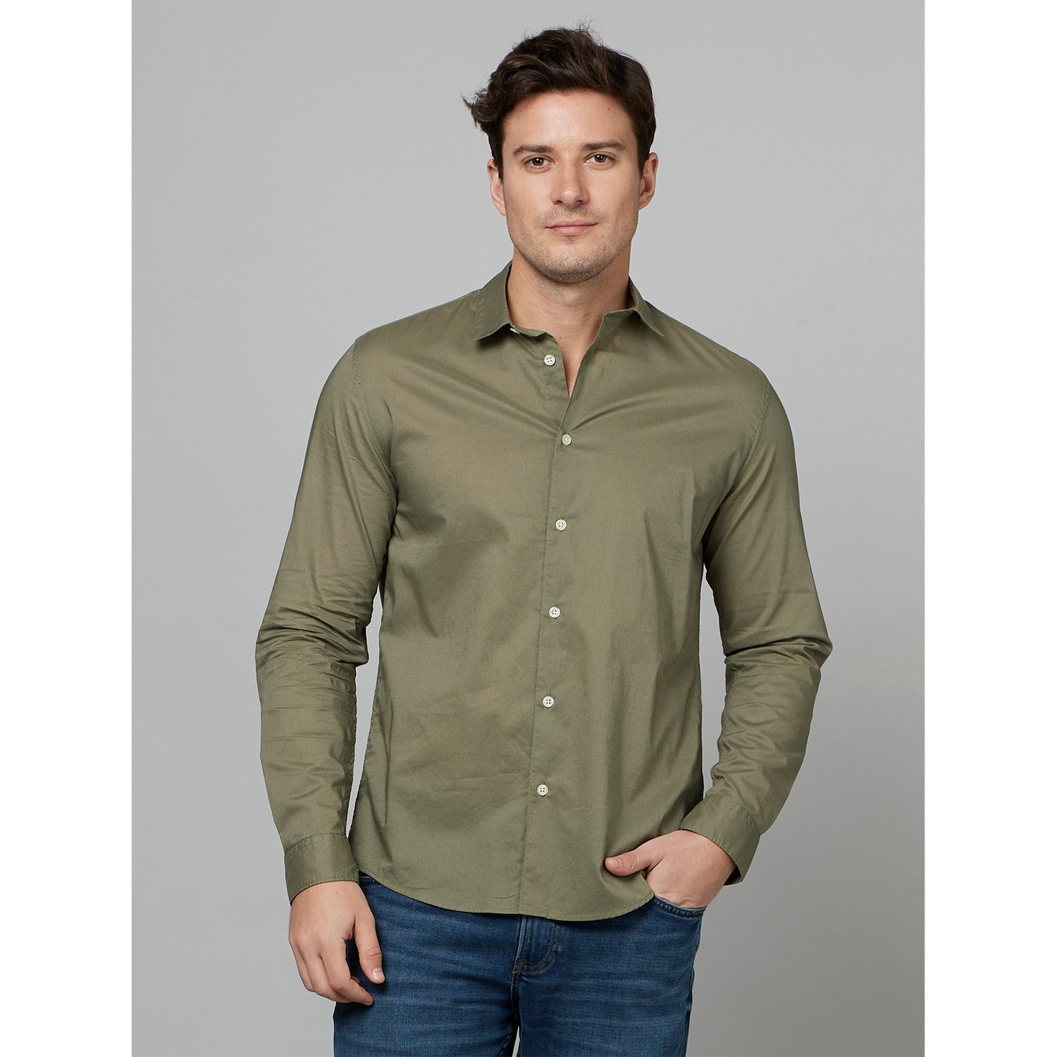 Green Spread Collar Cotton Classic Regular Fit Shirt (FAMES)