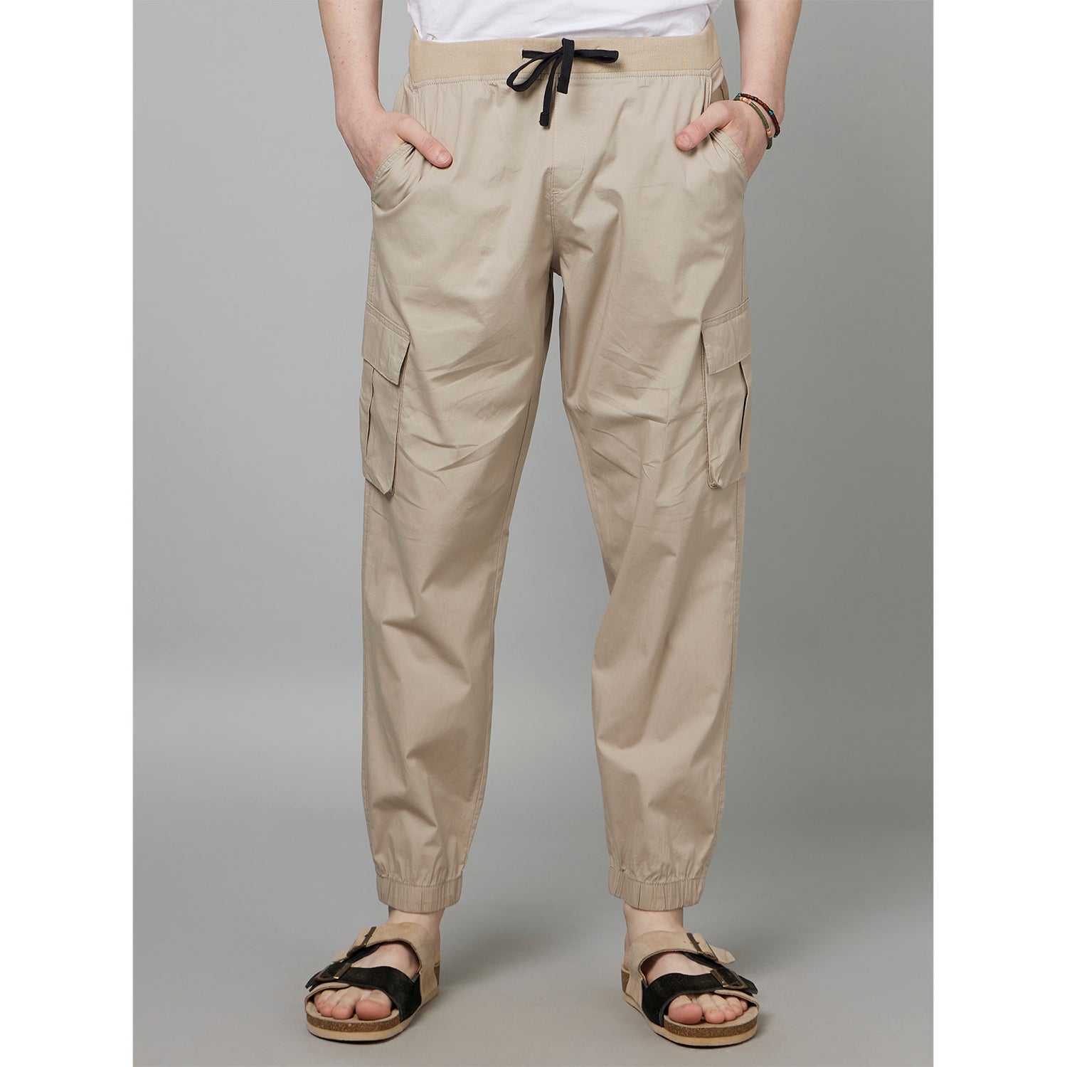 Beige Classic Mid-Rise Cotton Joggers Trousers (FOEDEN)
