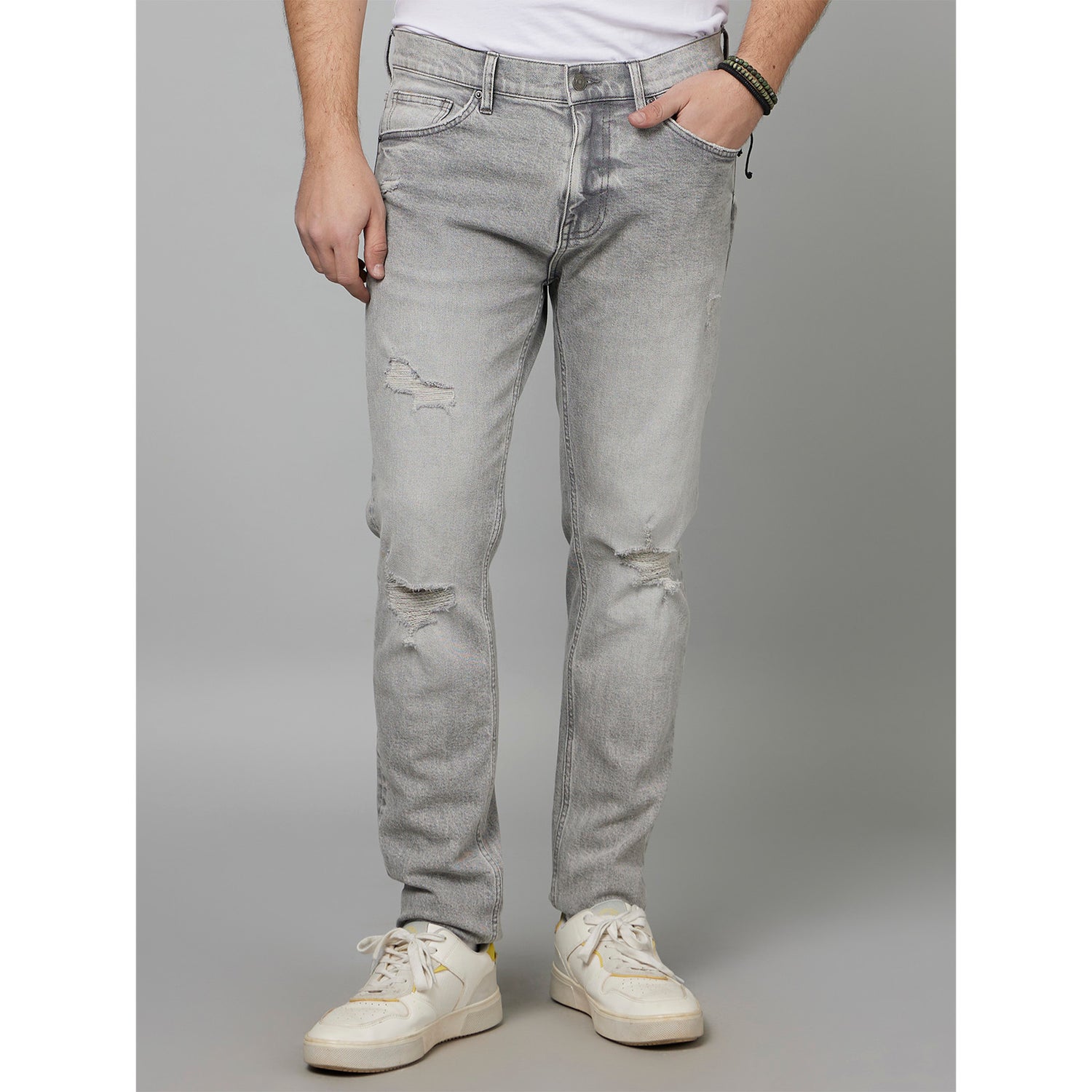 Grey Slim Fit Mildly Distressed Heavy Fade Stretchable Cotton Jeans (FOSTROY)