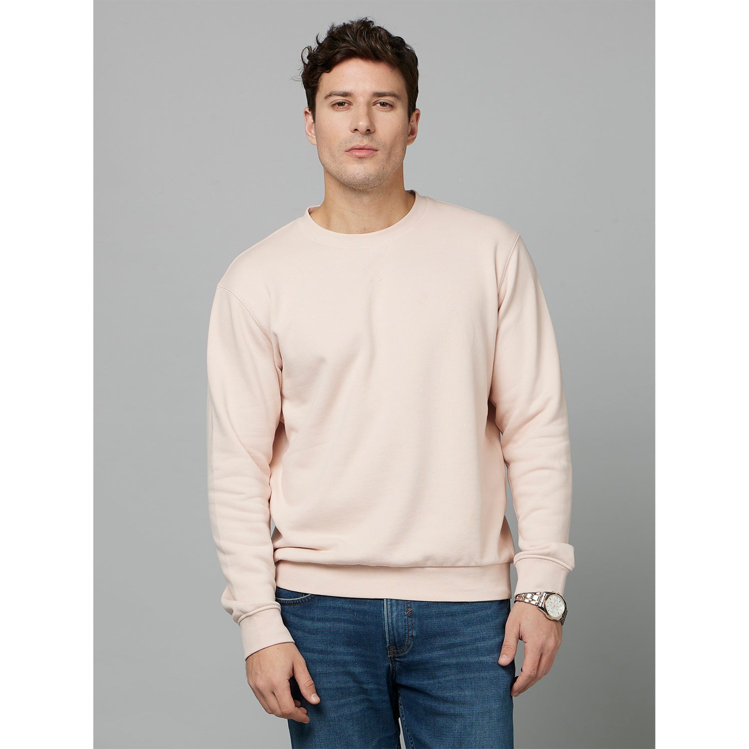 Pink Solid Long Sleeves Round Neck Sweatshirt (FESEVEN)