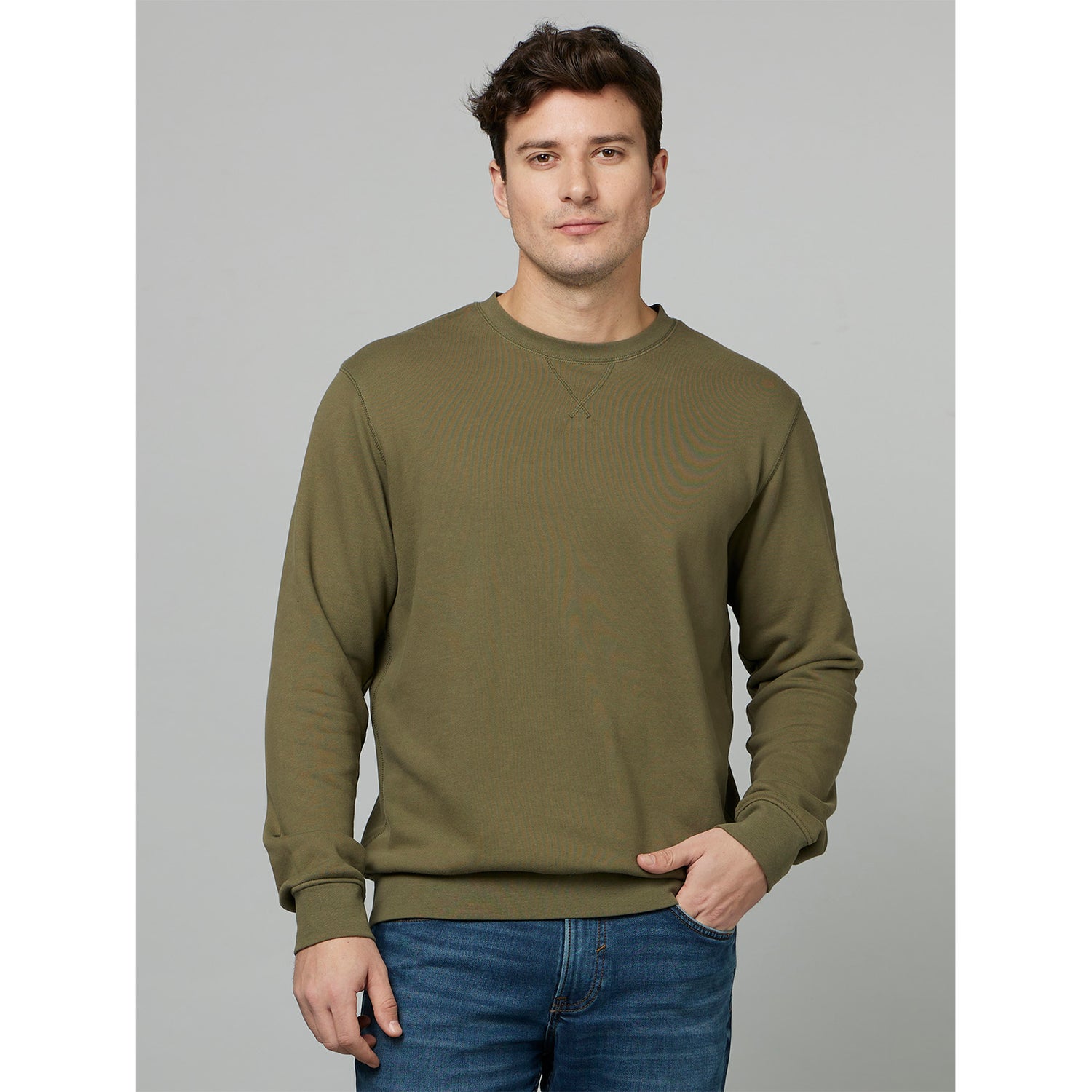 Khaki Round Neck Cotton Pullover Sweatshirt (FESEVEN)